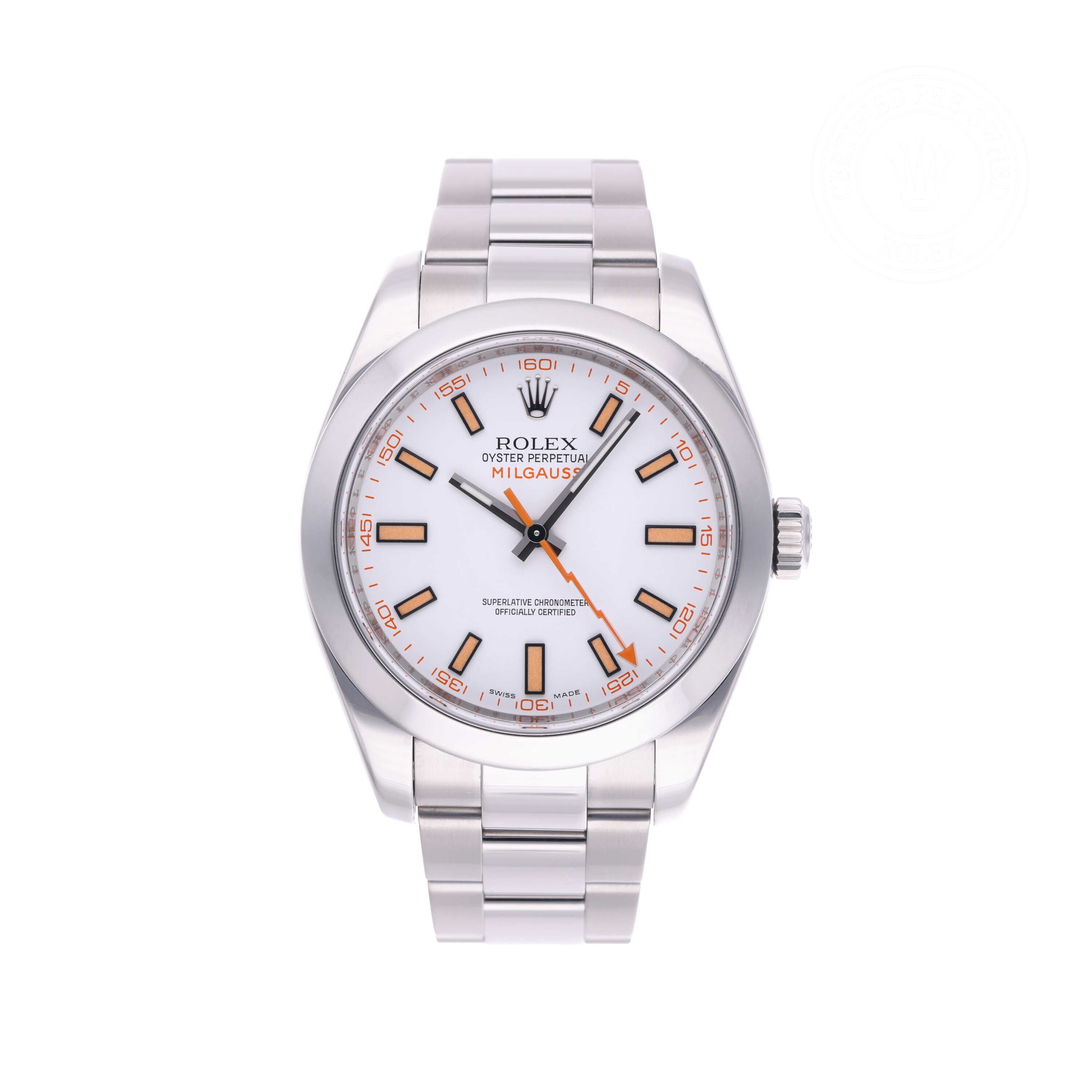 Rolex Certified Pre-owned Milgauss M116400-0002 front on white background