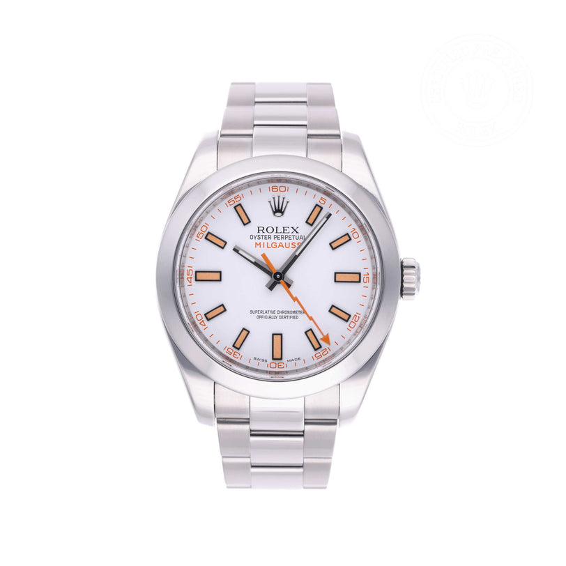 Rolex Certified Pre-owned Milgauss M116400-0002 front on white background
