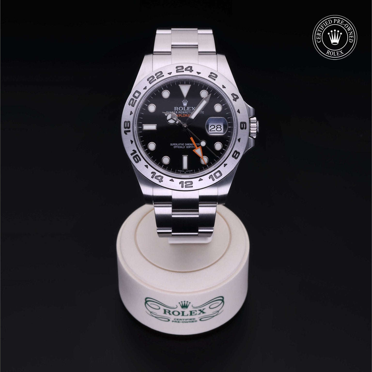 Rolex Certified Pre-owned Explorer M216570-0002 front on black background