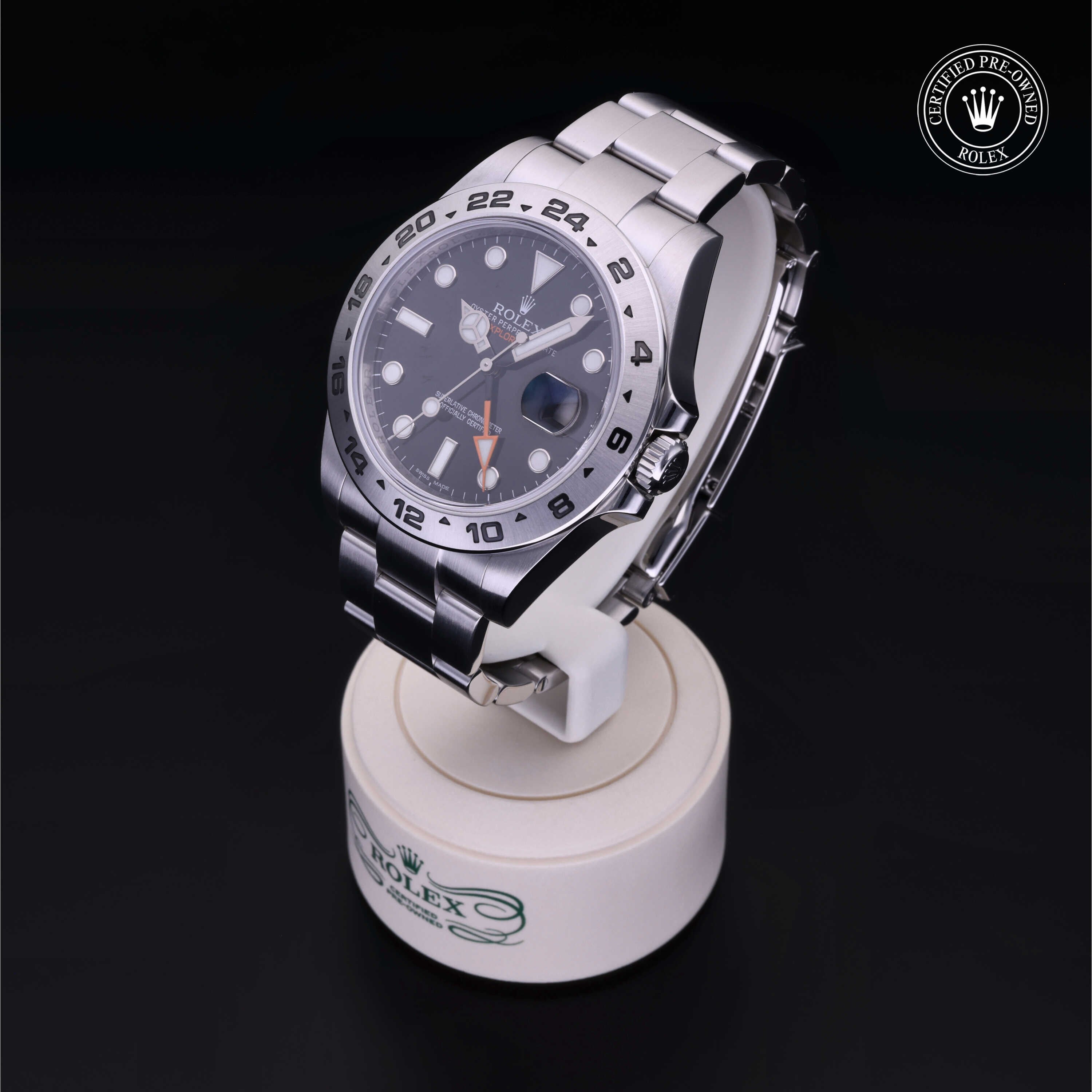 Rolex Certified Pre-owned Explorer M216570-0002 front on black background