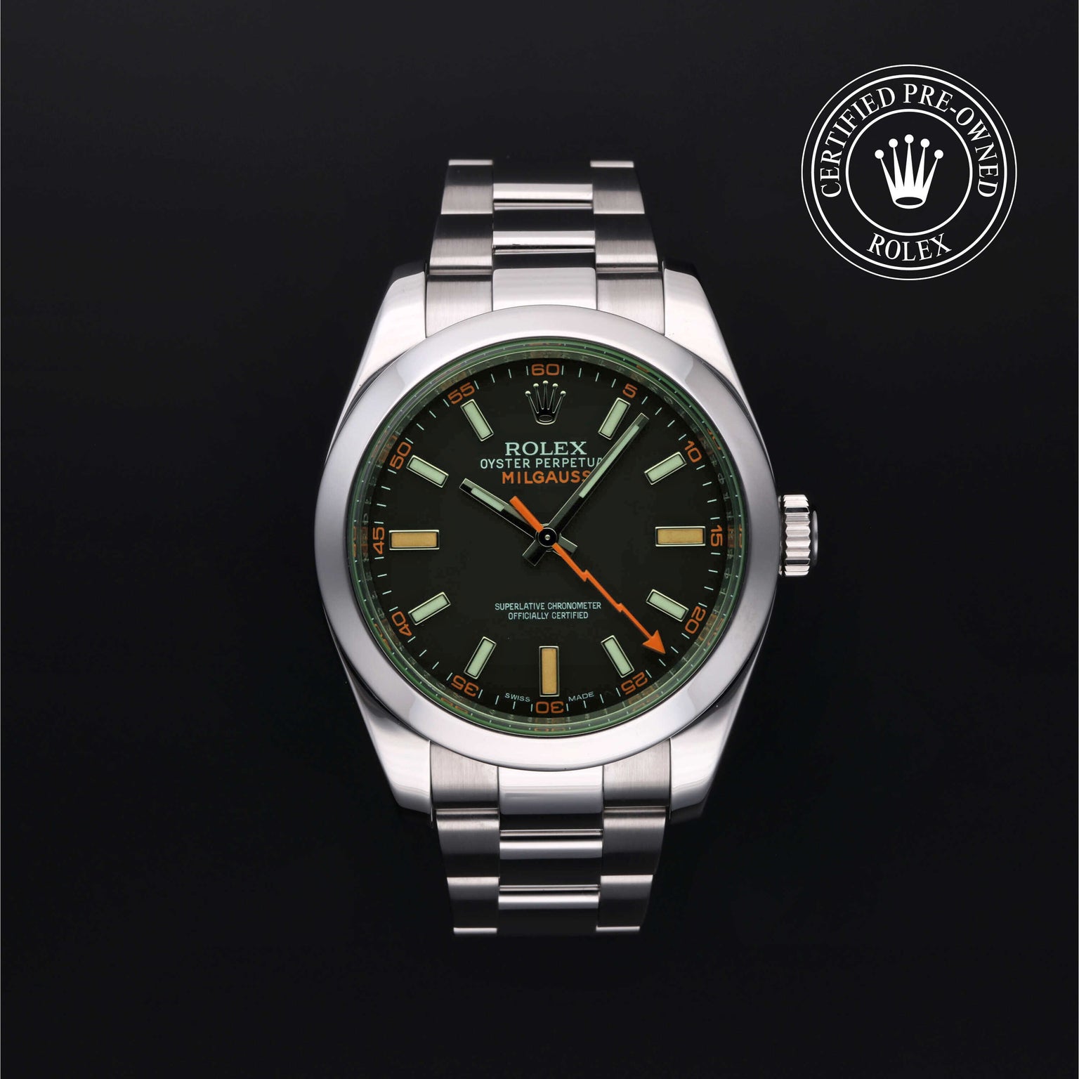 Rolex Certified Pre-owned Milgauss M116400GV-0001 front on black background