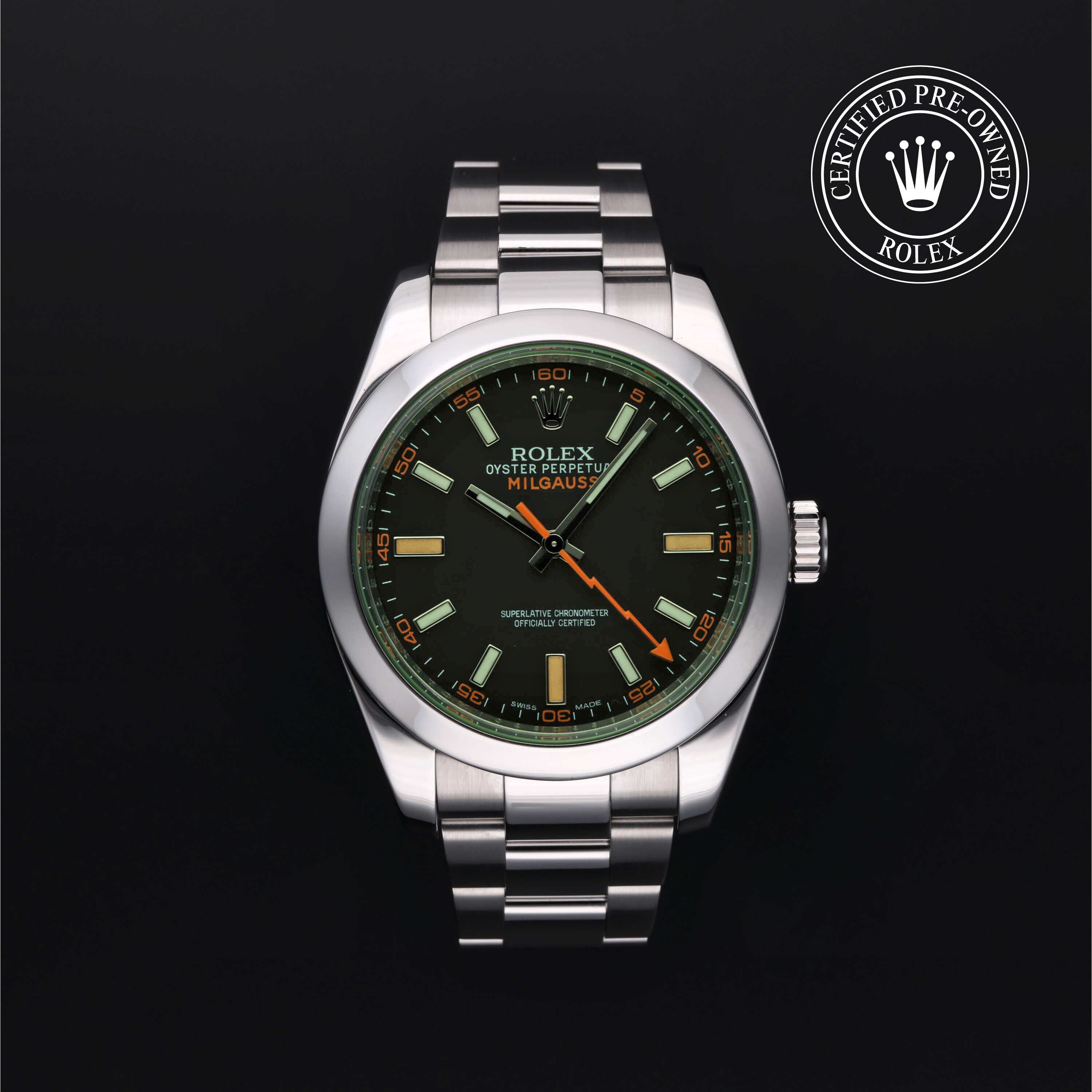 Rolex Certified Pre-owned Milgauss M116400GV-0001 front on black background