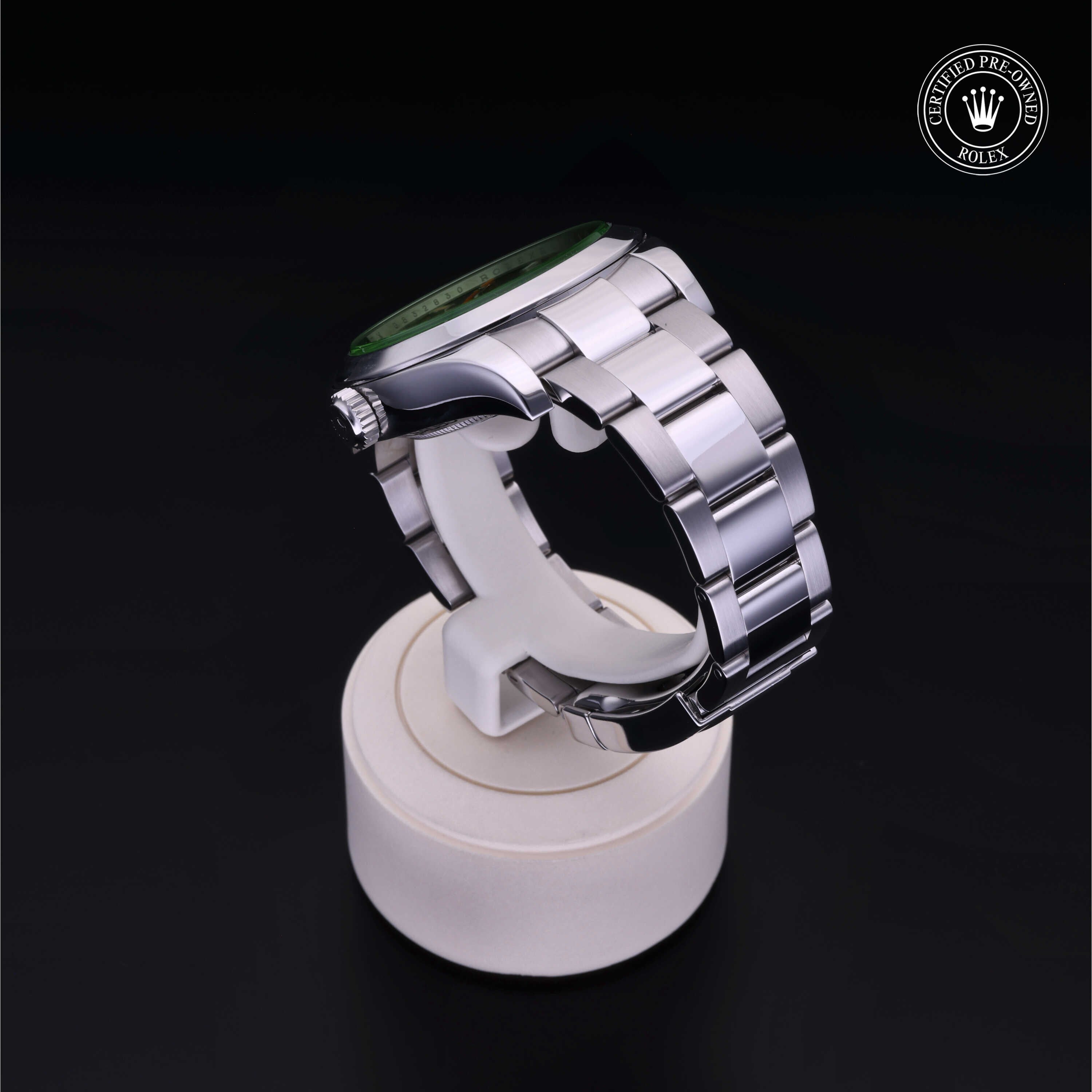 Rolex Certified Pre-owned Milgauss M116400GV-0001 front on black background