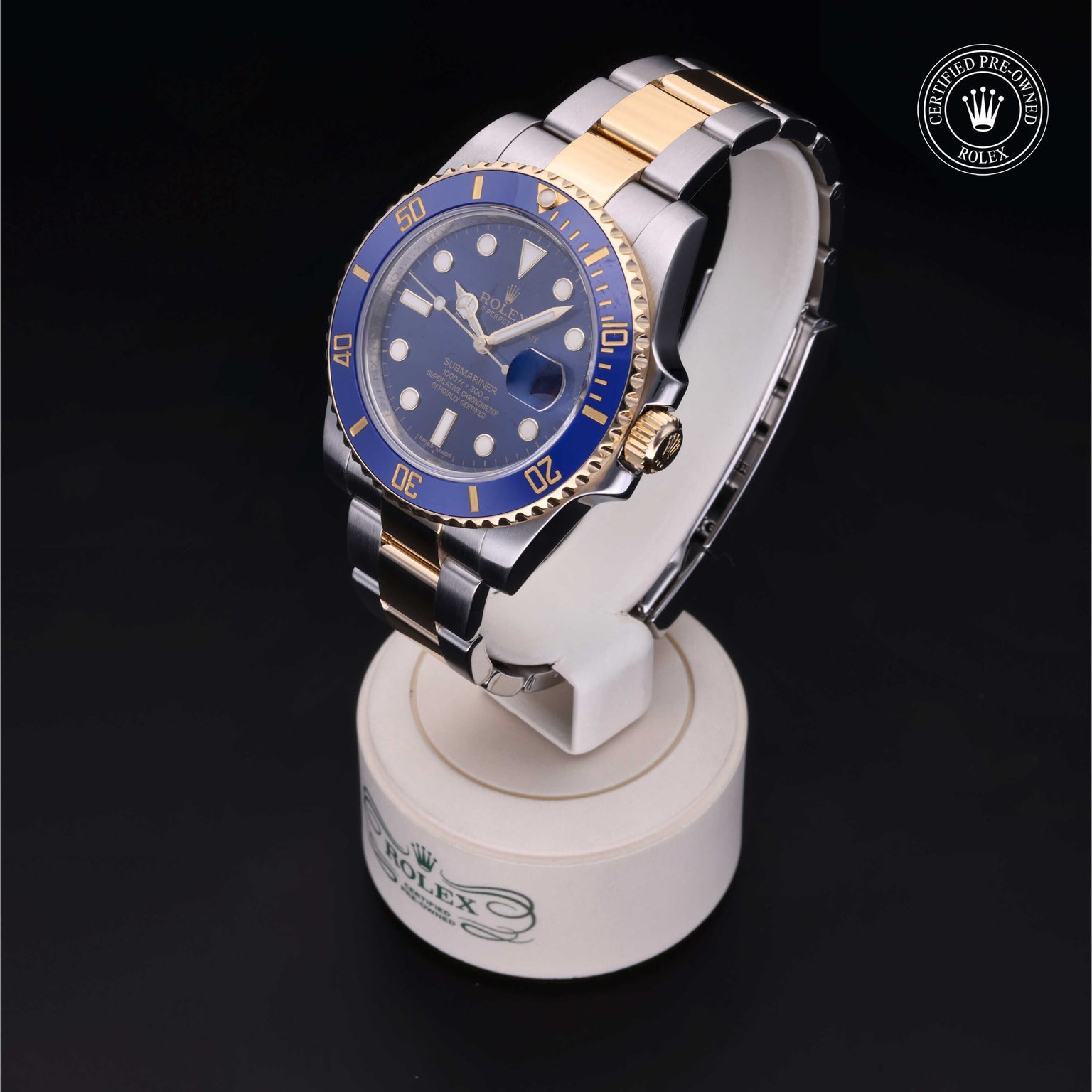 Rolex Certified Pre-owned Submariner M116613LB-0005 front on black background