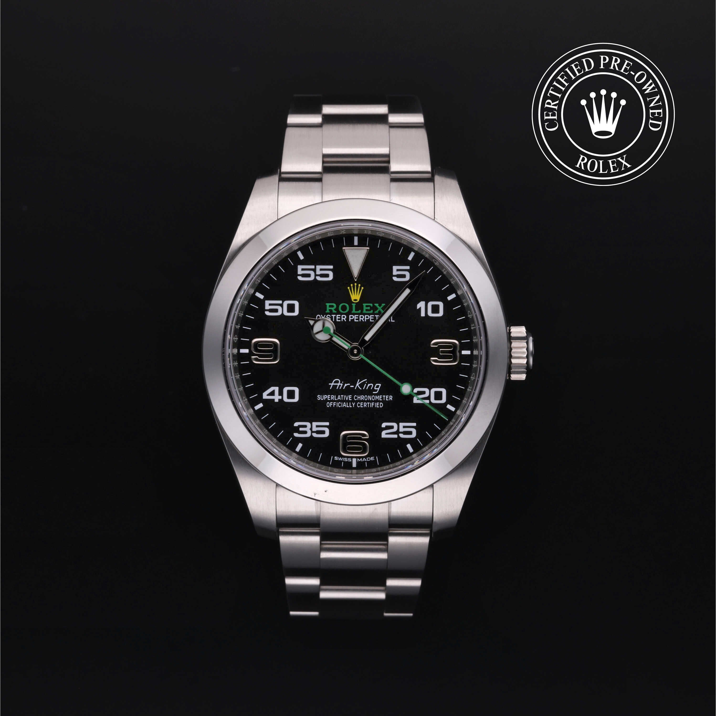 Rolex Certified Pre-owned Air-King M116900-0001 front on black background