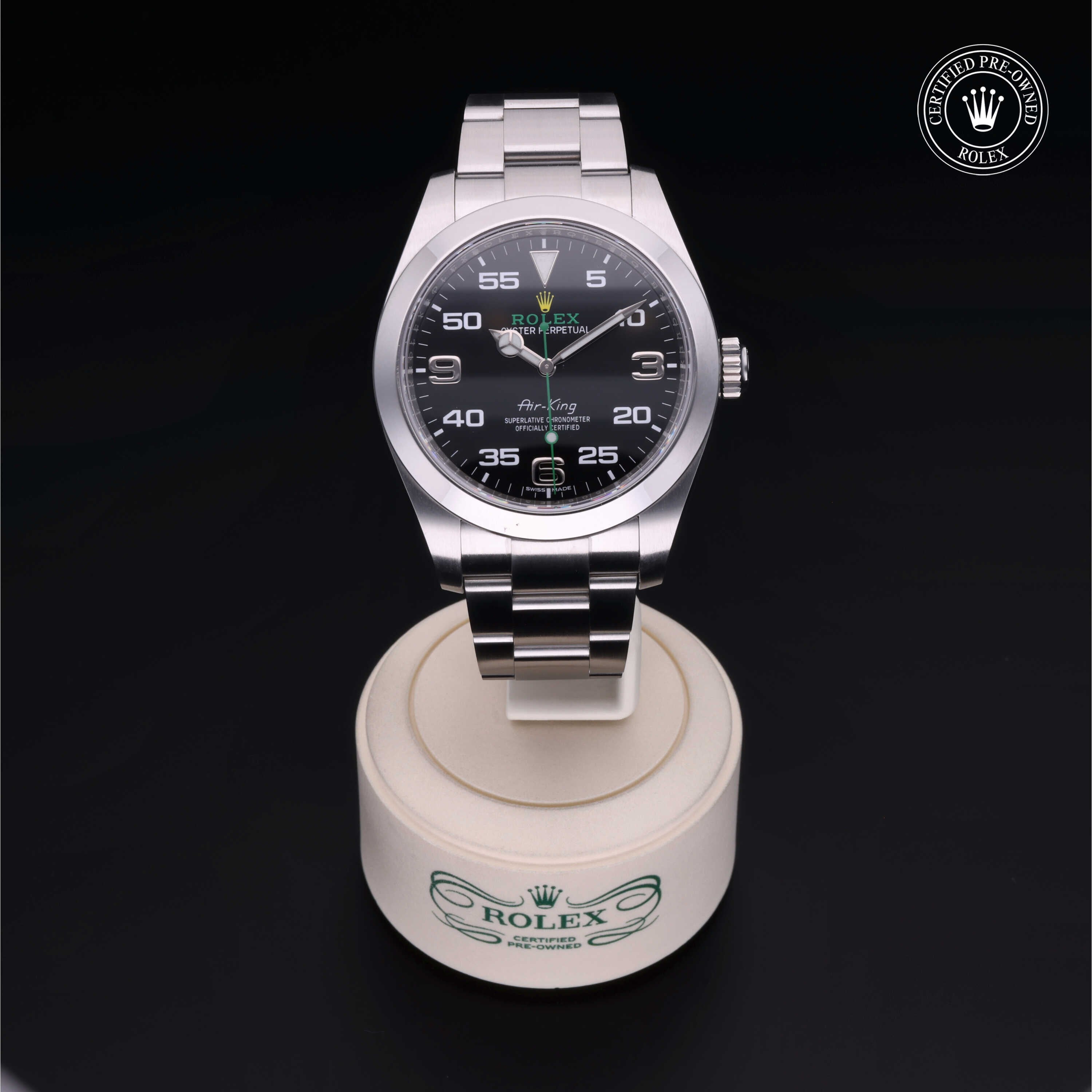 Rolex Certified Pre-owned Air-King M116900-0001 front on black background