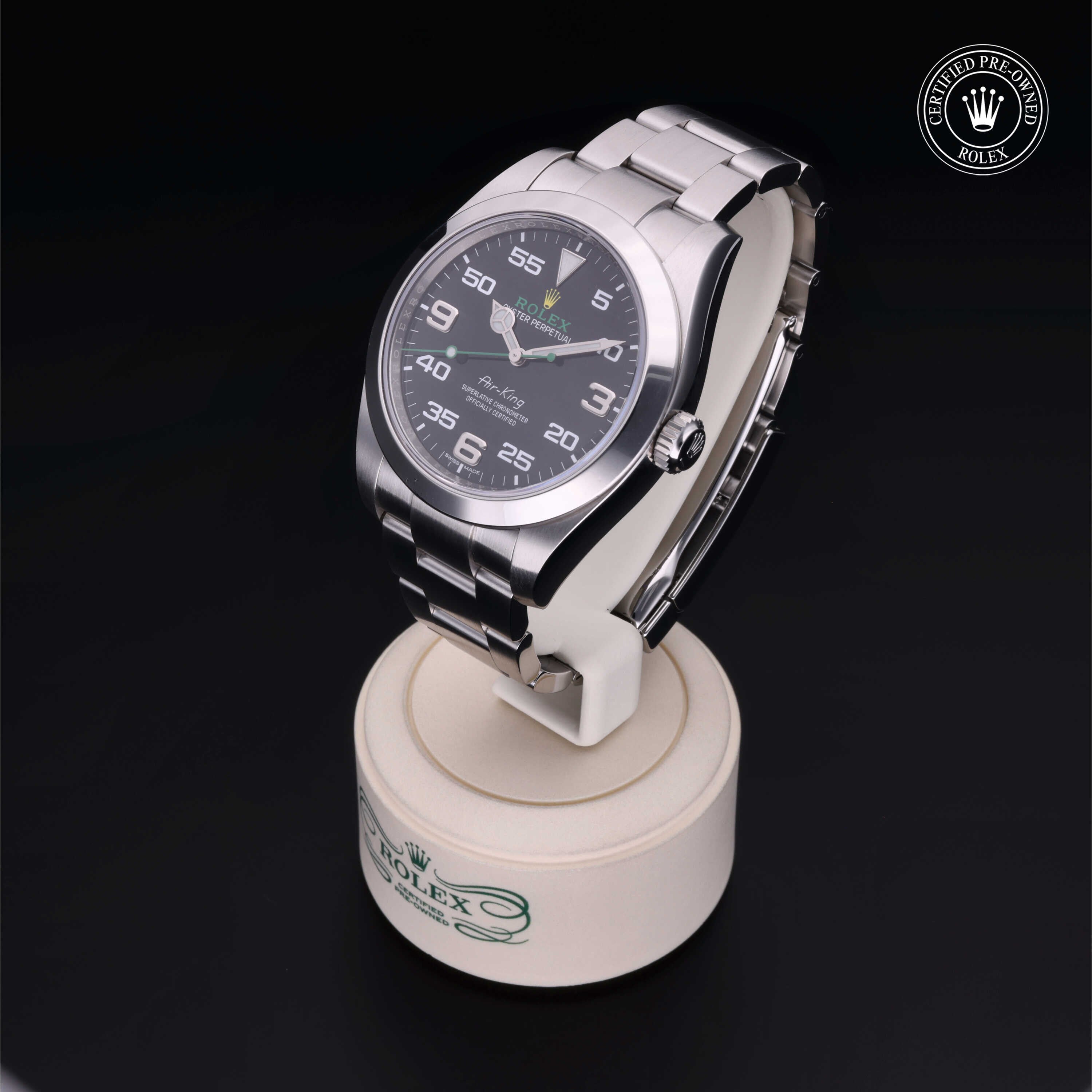 Rolex Certified Pre-owned Air-King M116900-0001 front on black background