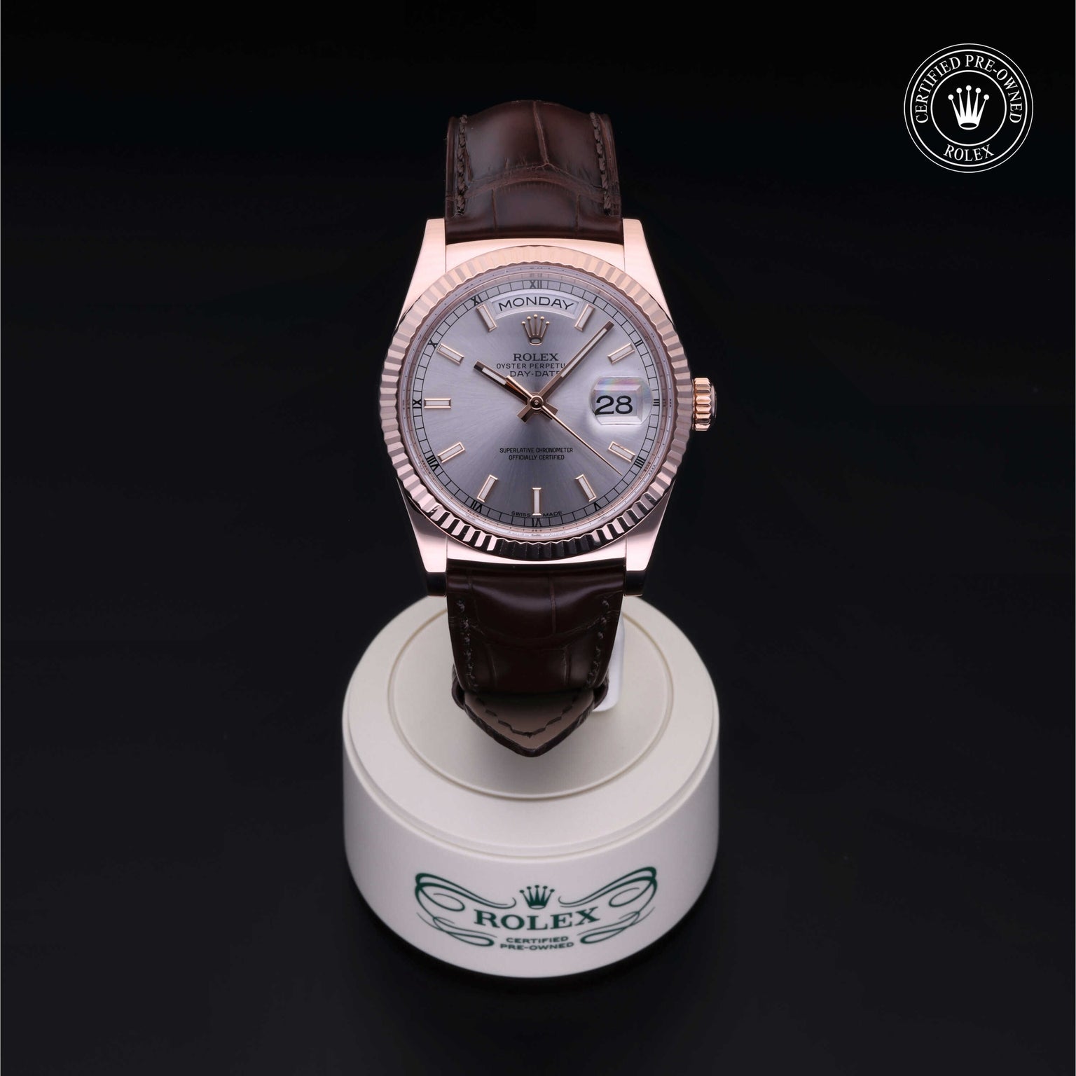 Rolex Certified Pre-owned Day-date M118135-0005 front on black background