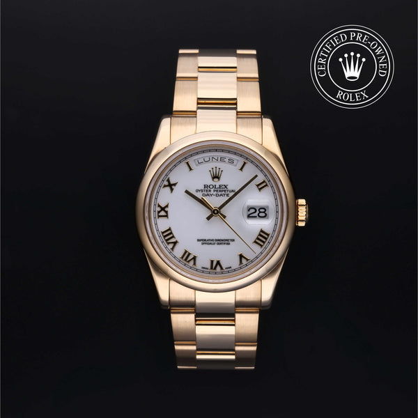Rolex Certified Pre-owned Day-date M118208 front on black background
