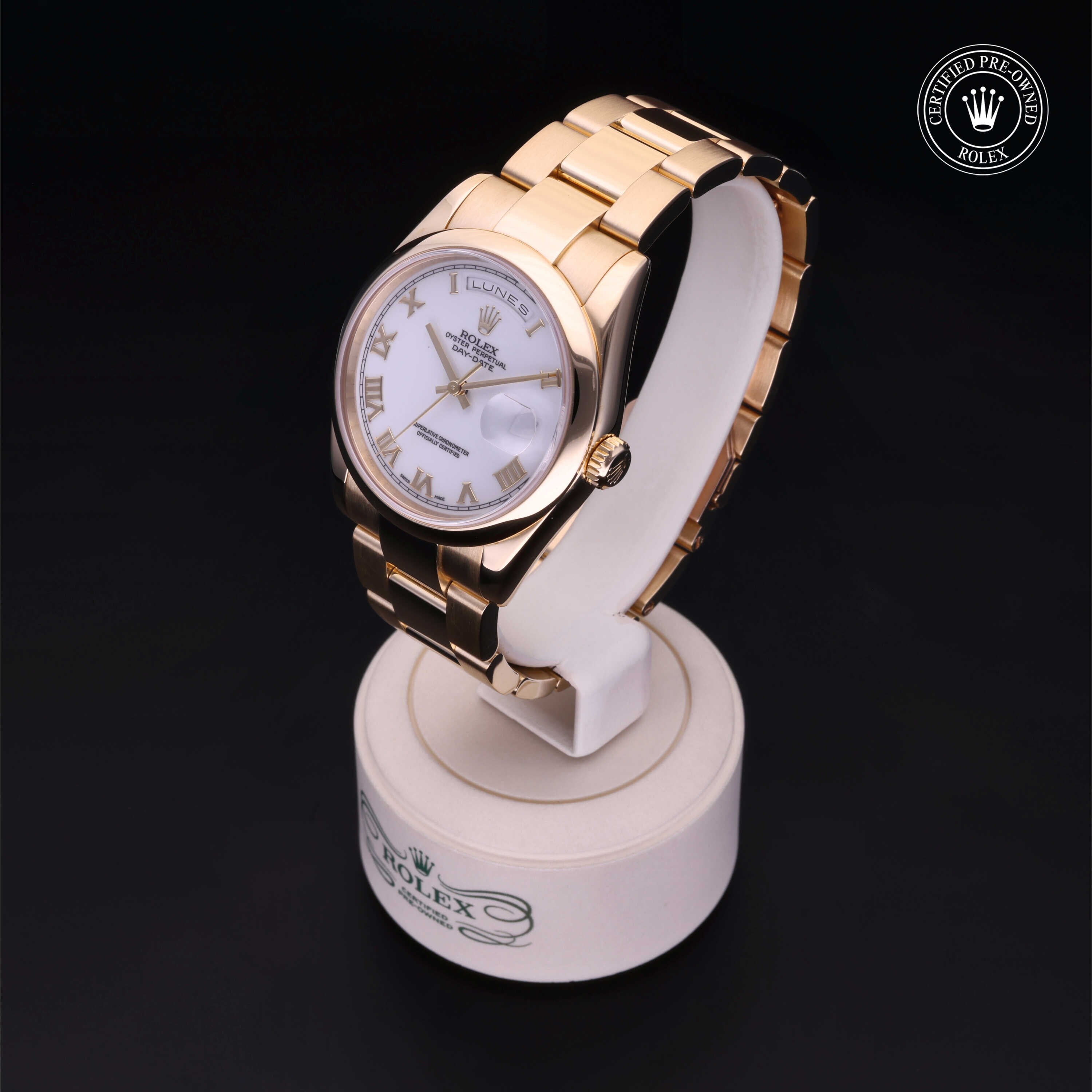 Rolex Certified Pre-owned Day-date M118208 front on black background