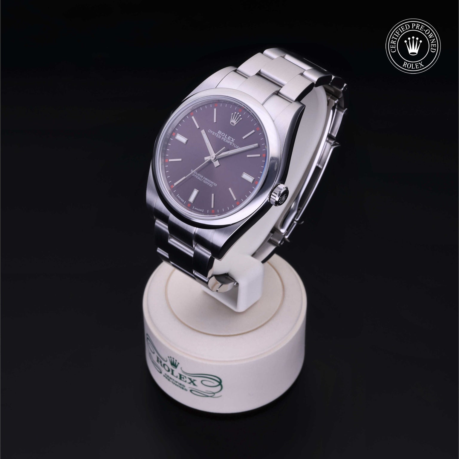 Rolex Certified Pre-owned Oyster Perpetual M114300-0002 front on black background