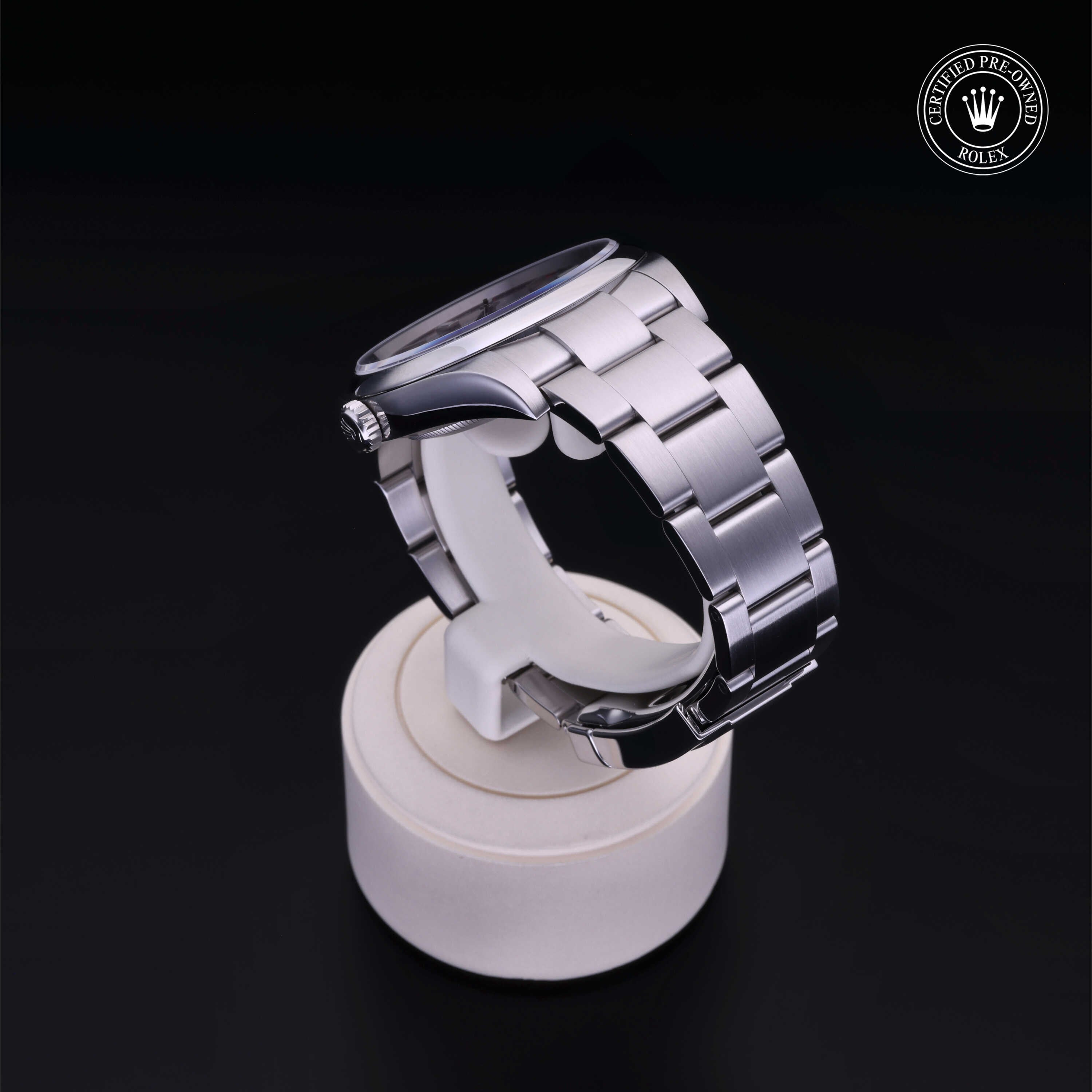 Rolex Certified Pre-owned Oyster Perpetual M114300-0002 front on black background