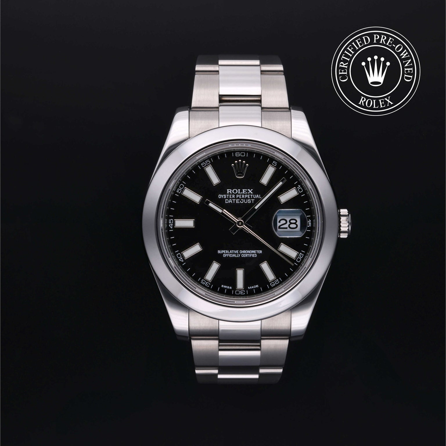 Rolex Certified Pre-owned Datejust M116300-0001 front on black background