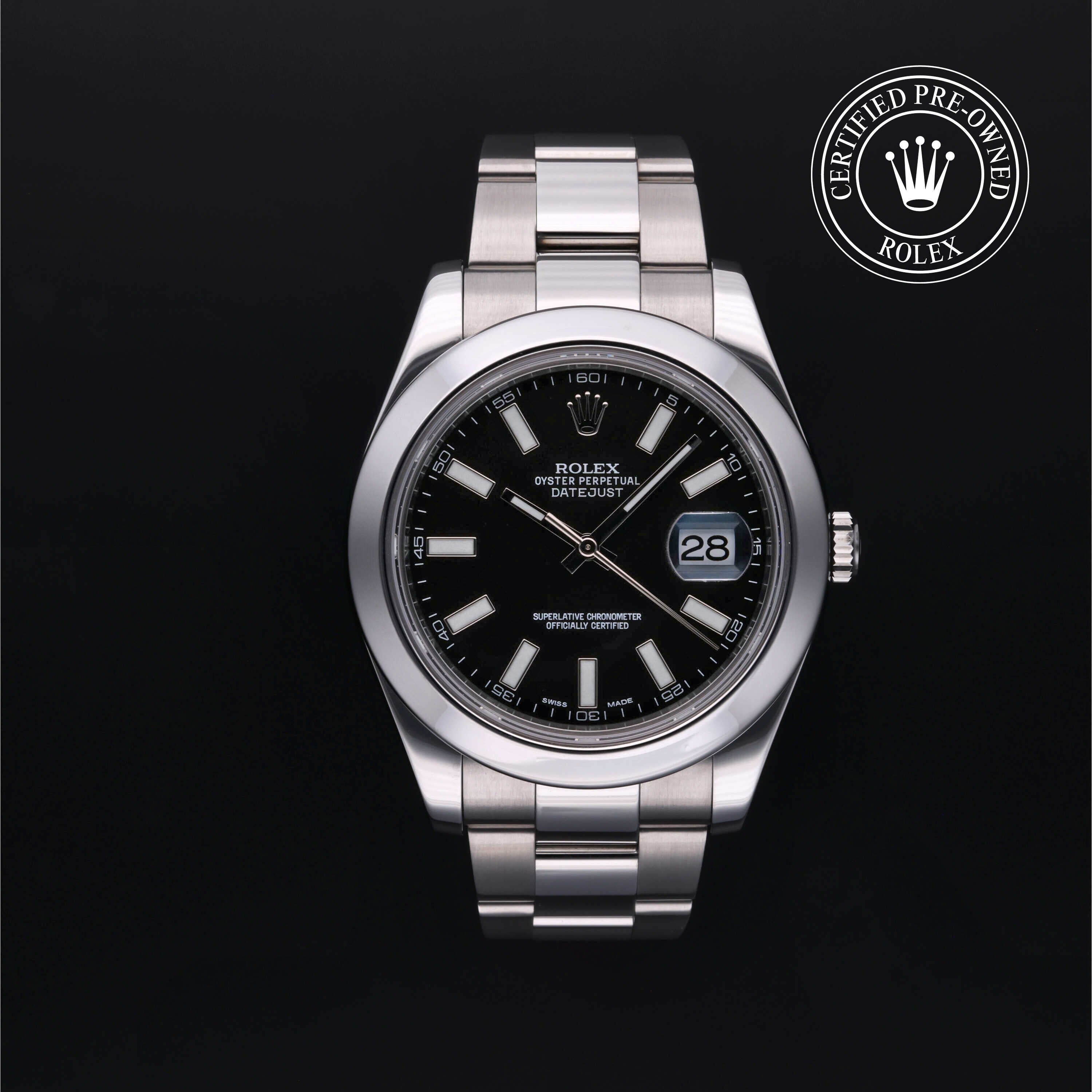 Rolex Certified Pre-owned Datejust M116300-0001 front on black background