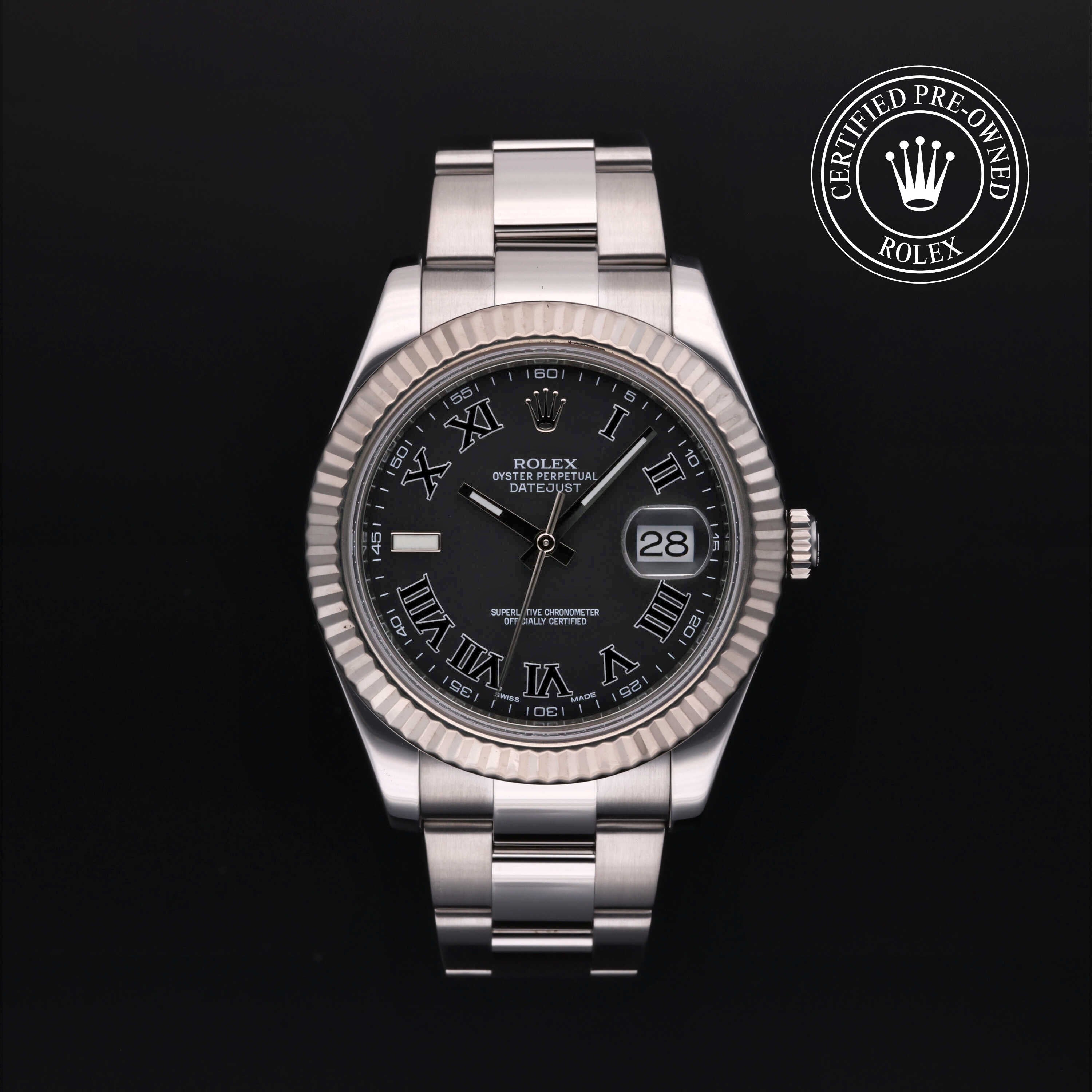 Rolex Certified Pre-owned Datejust M116334-0002 front on black background