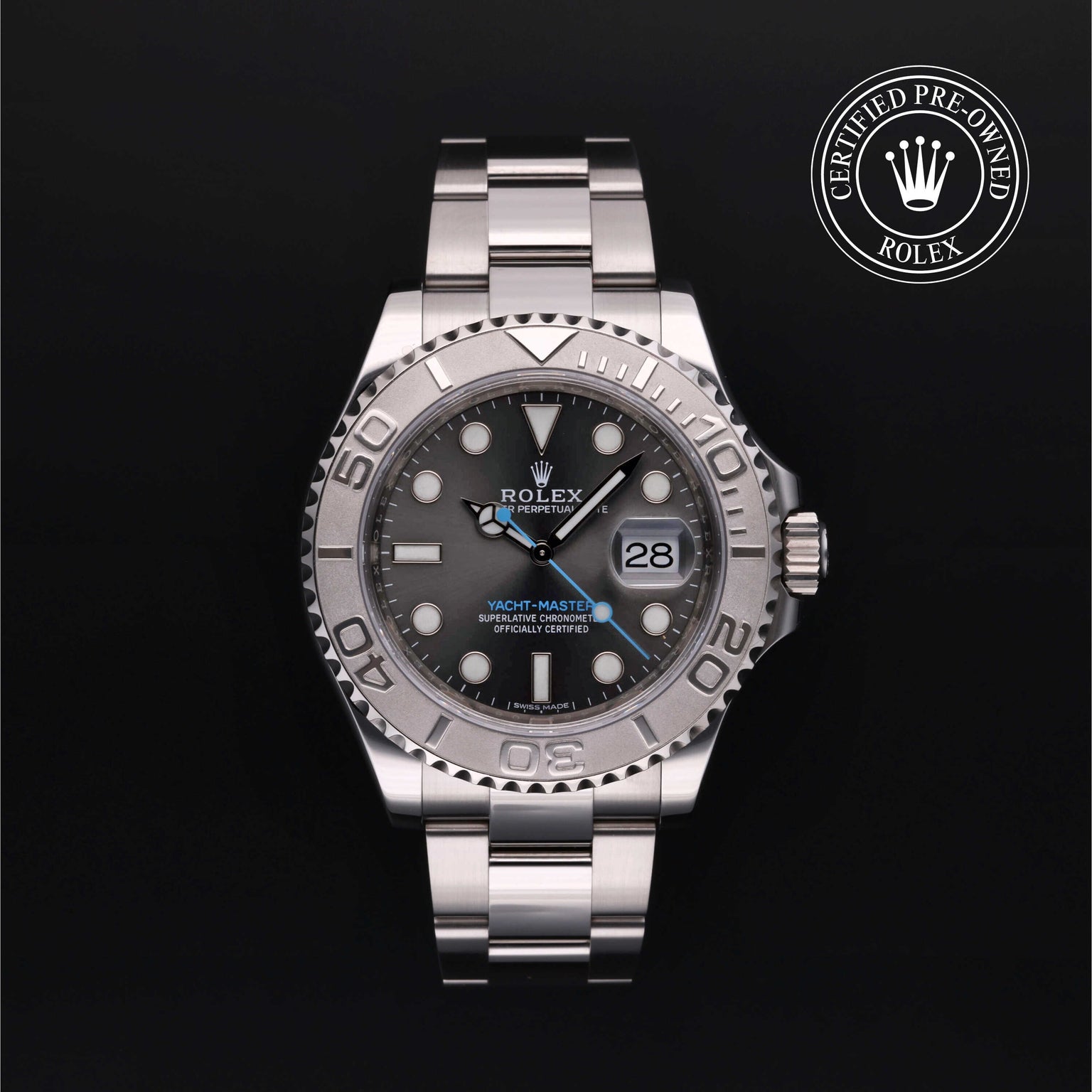 Rolex Certified Pre-owned Yacht-Master M116622-0003 front on black background