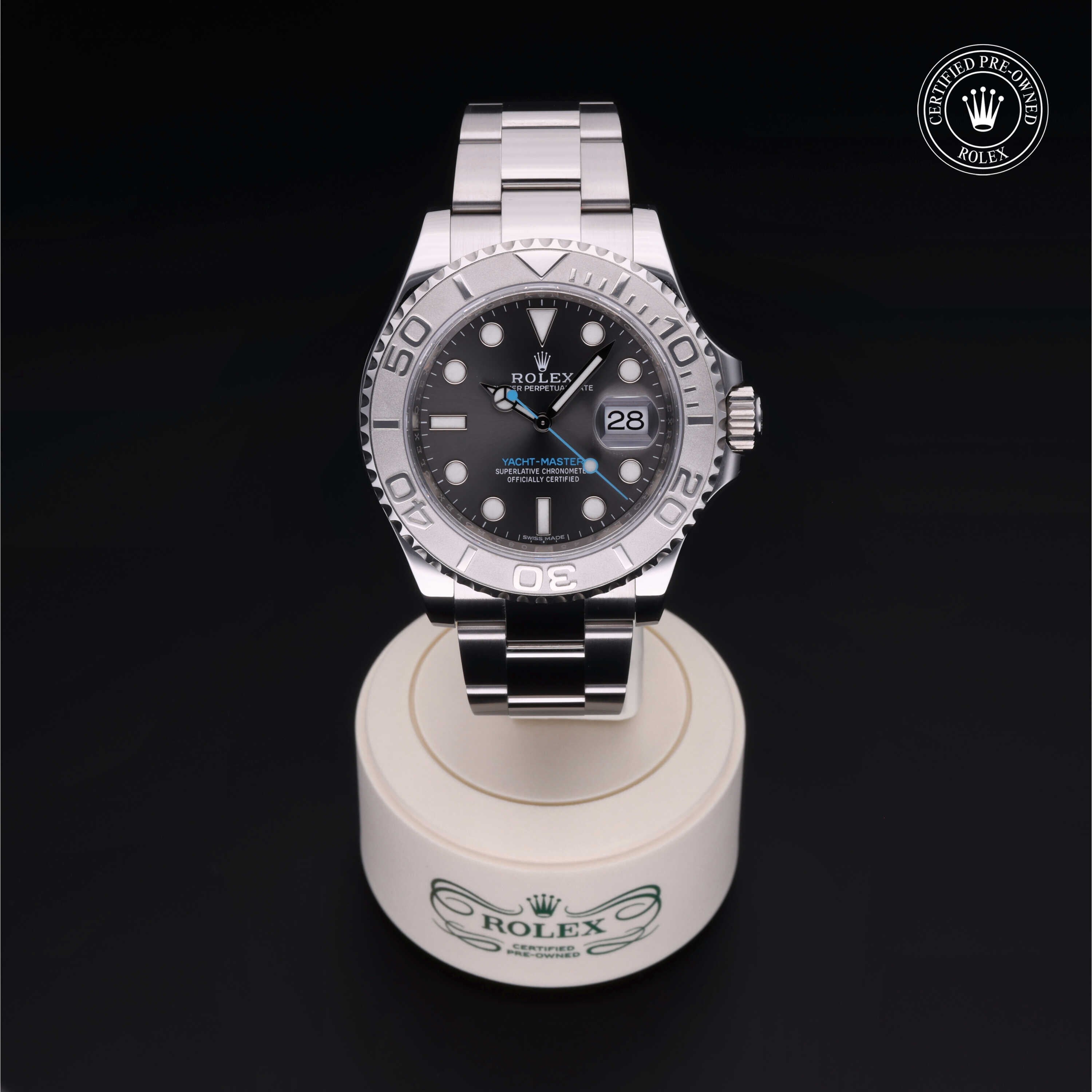 Rolex Certified Pre-owned Yacht-Master M116622-0003 front on black background