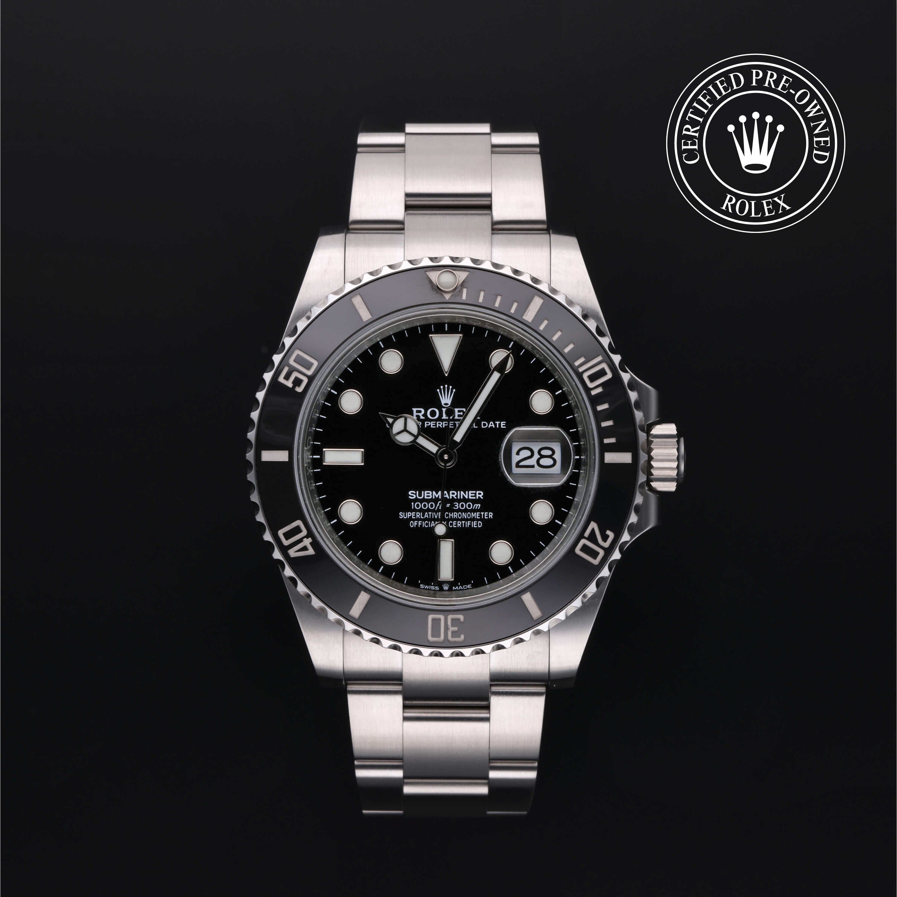 Rolex Certified Pre-owned Submariner M126610LN-0001 front on black background
