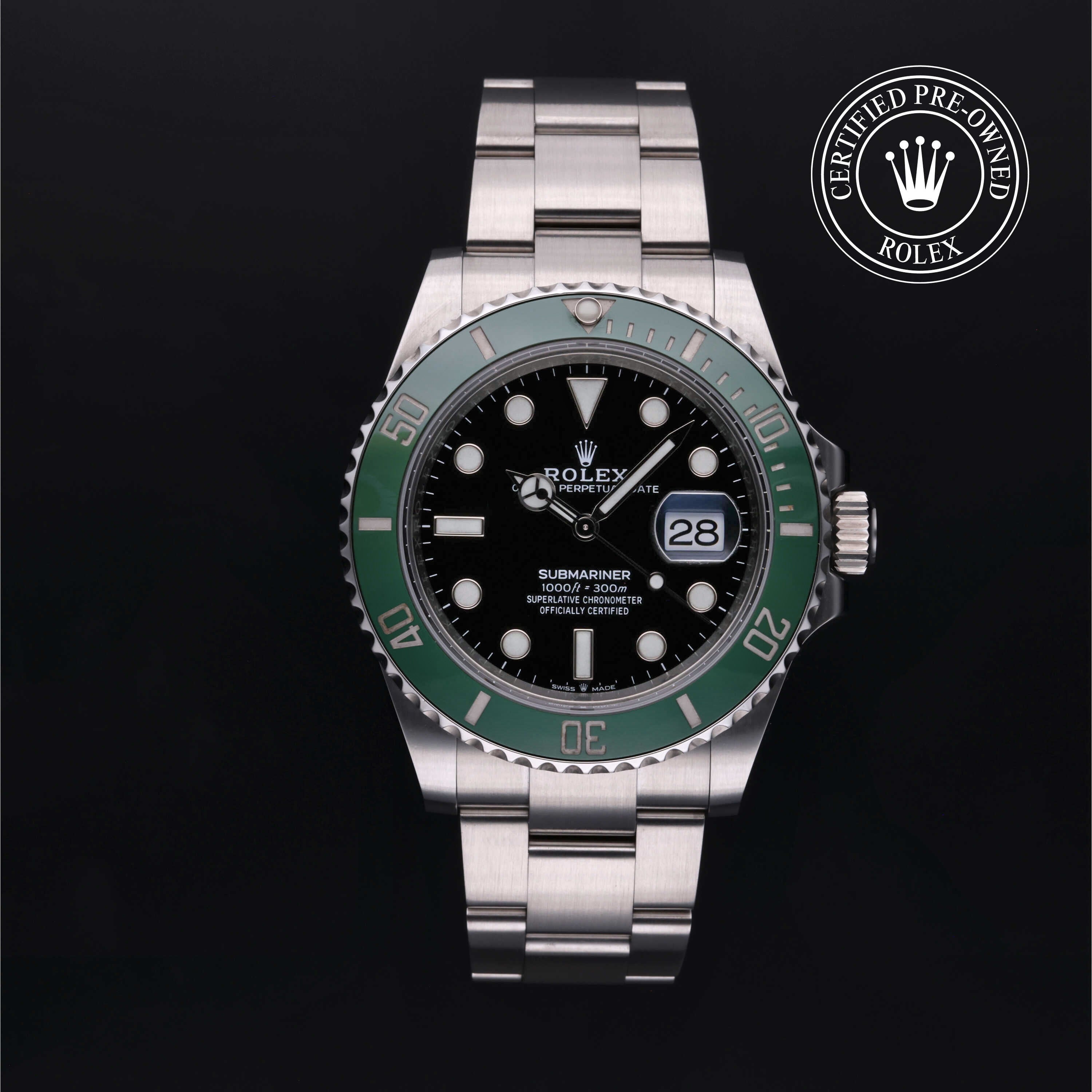 Rolex Certified Pre-owned Submariner M126610LV-0002 front on black background