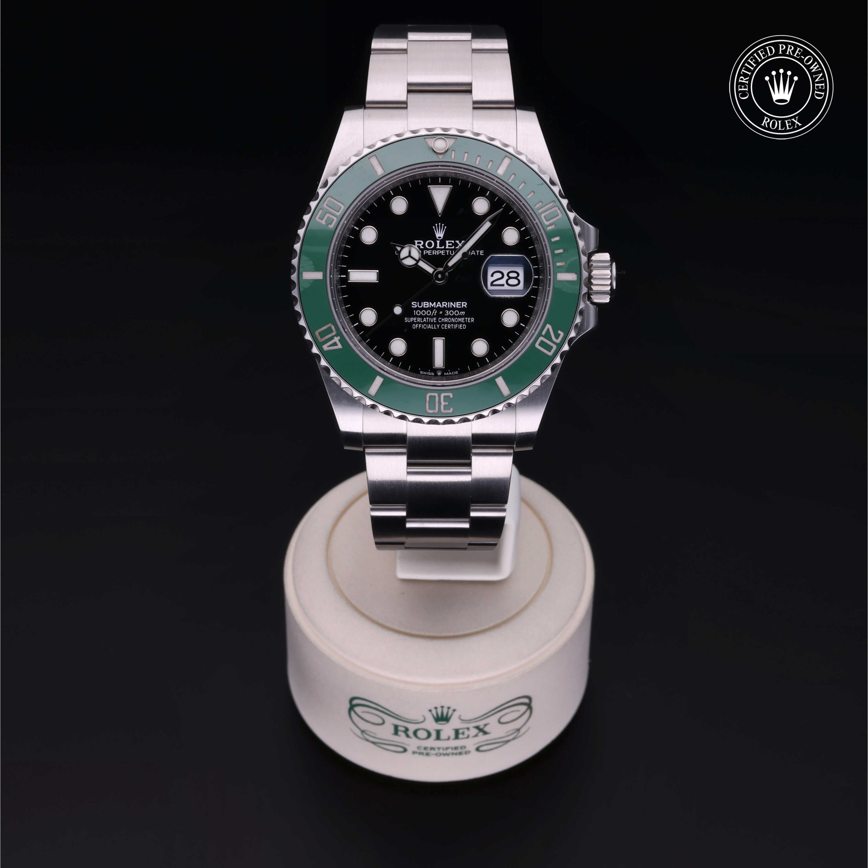 Rolex Certified Pre-owned Submariner M126610LV-0002 front on black background