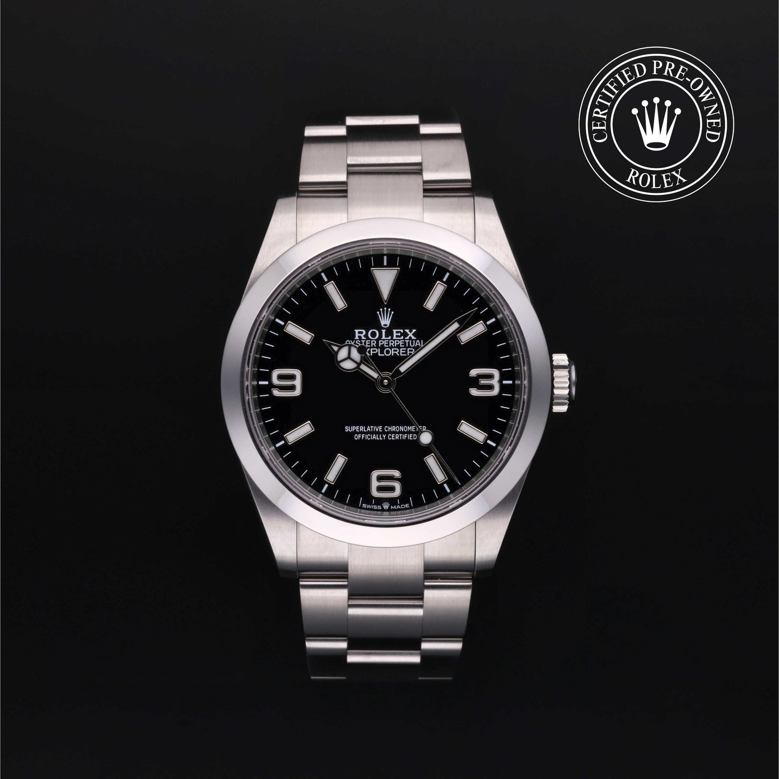 Rolex Certified Pre-owned Explorer M224270-0001 front on black background