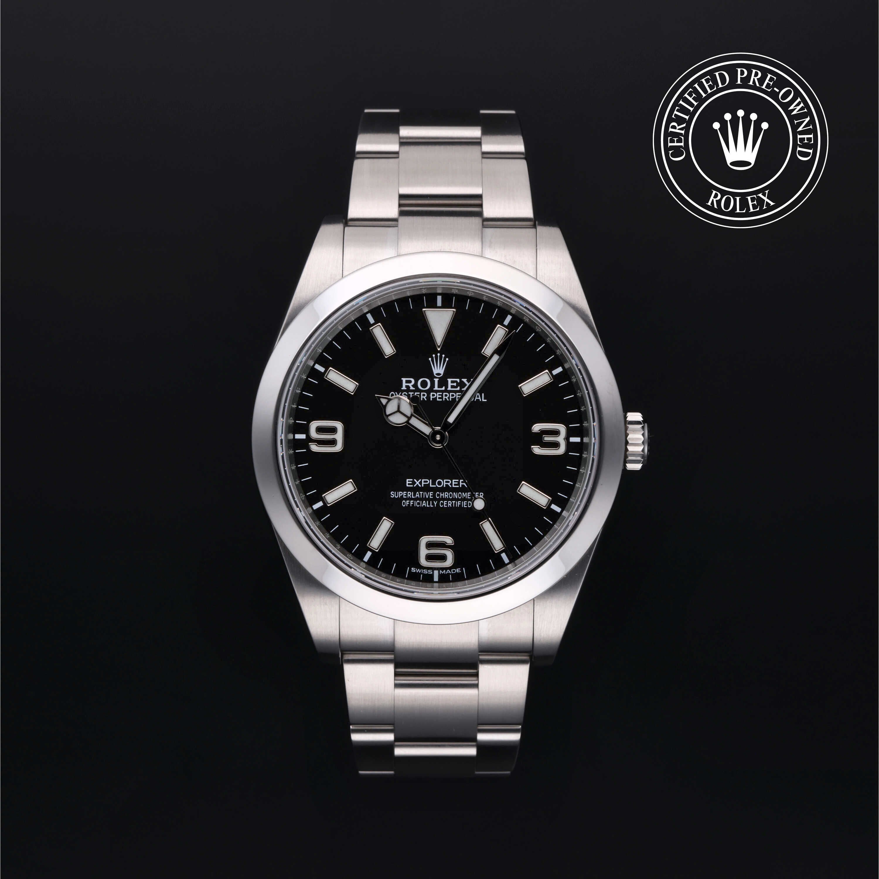 Rolex Certified Pre-owned Explorer M214270-0003 front on black background