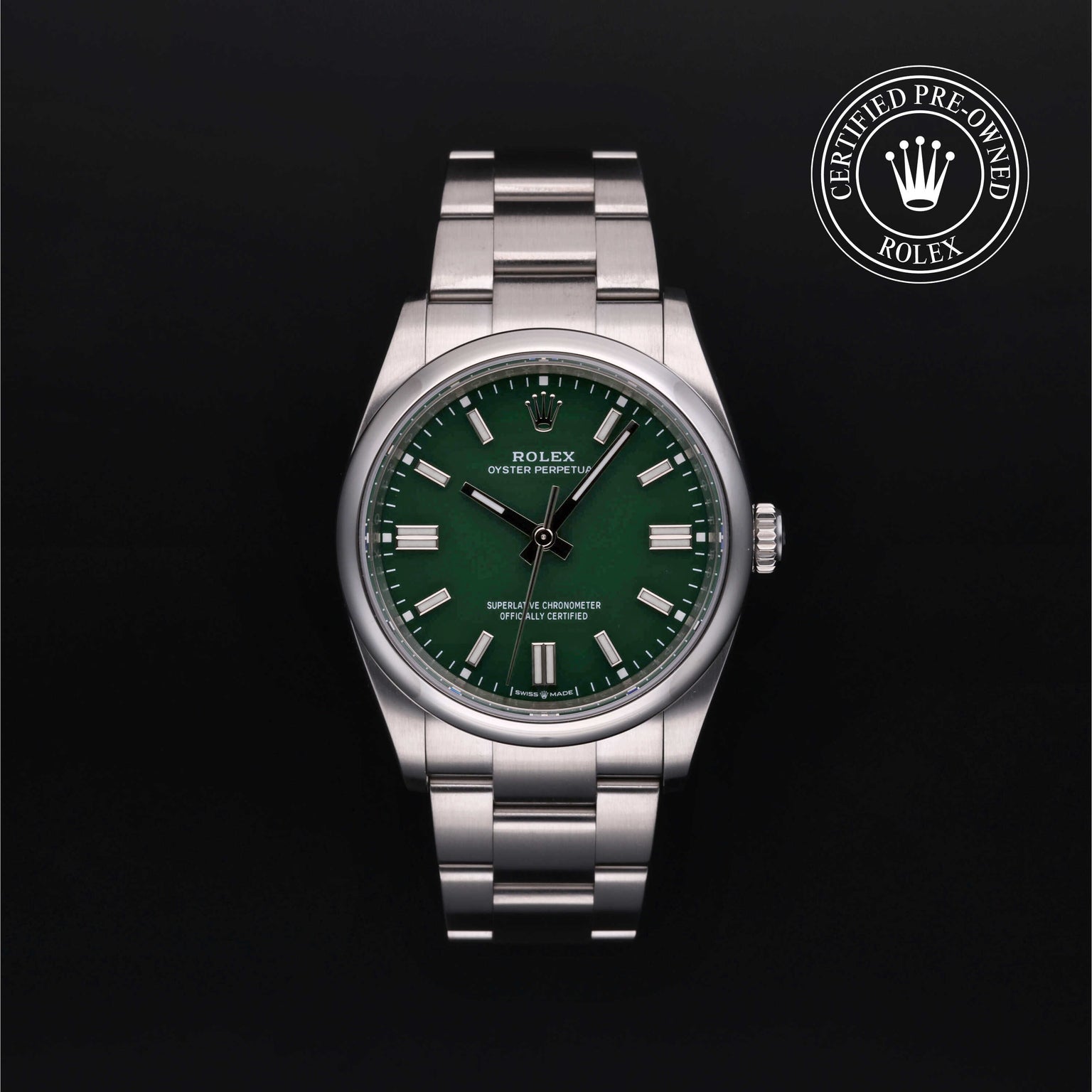 Rolex Certified Pre-owned Oyster Perpetual M126000-0005 front on black background