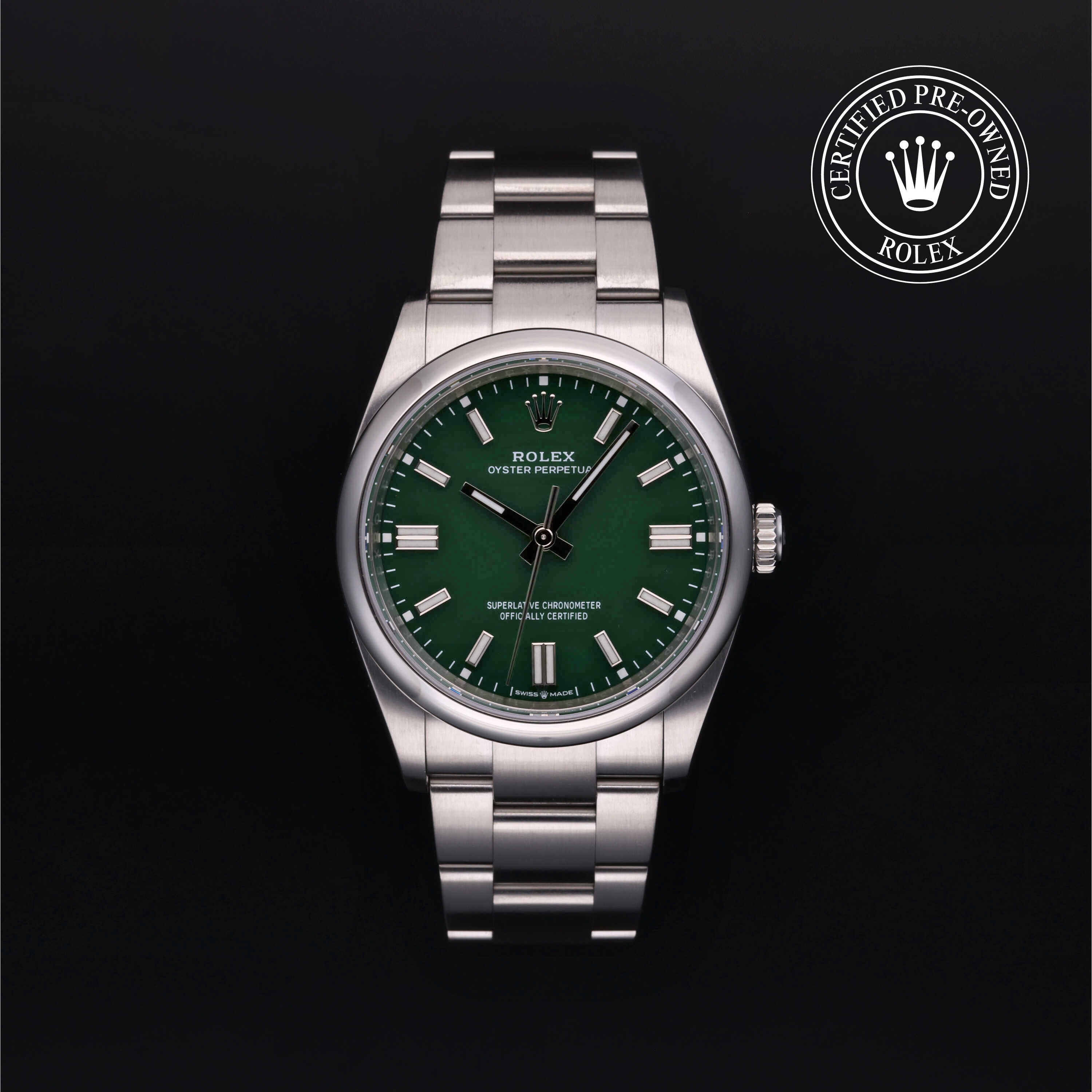 Rolex Certified Pre-owned Oyster Perpetual M126000-0005 front on black background