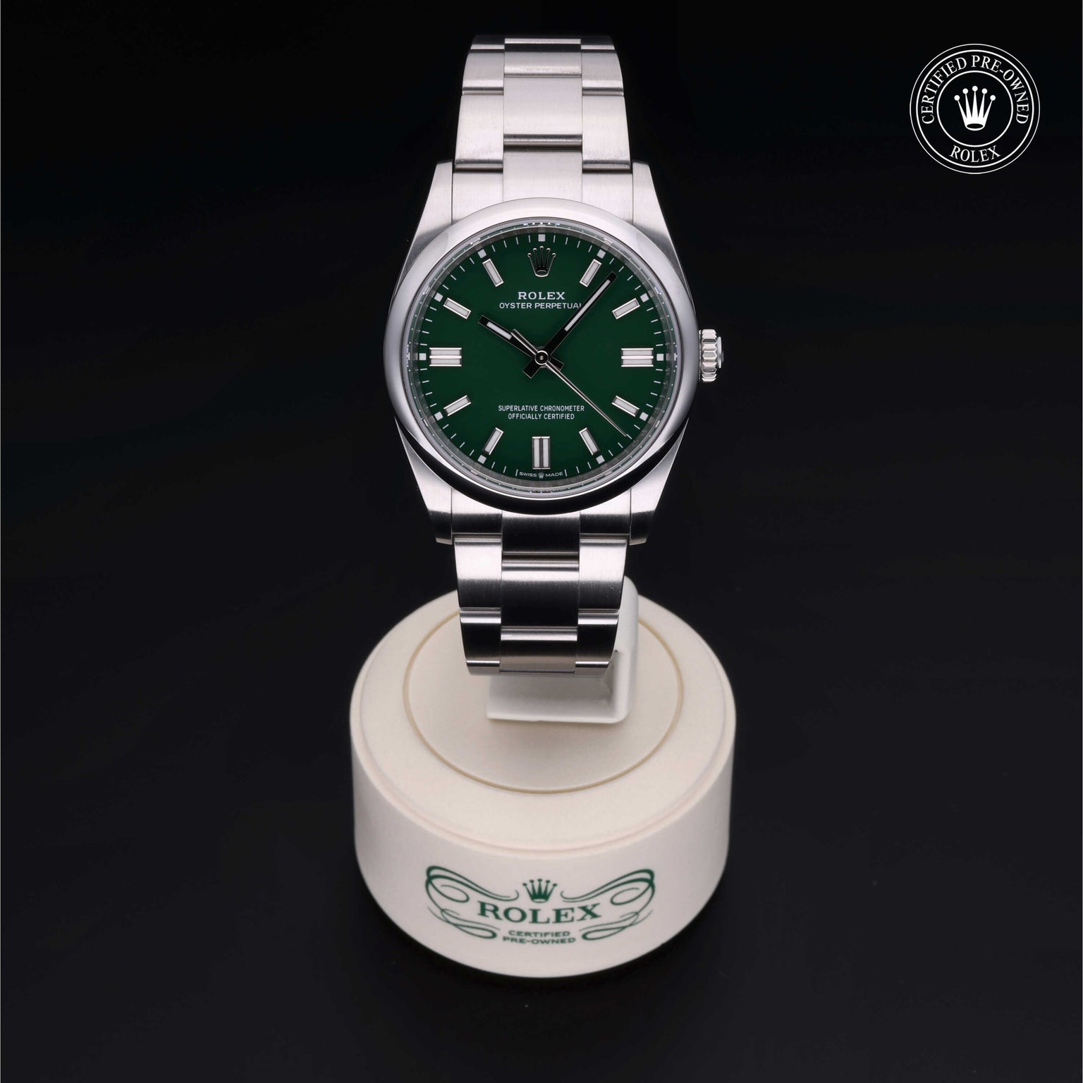 Rolex Certified Pre-owned Oyster Perpetual M126000-0005 front on black background