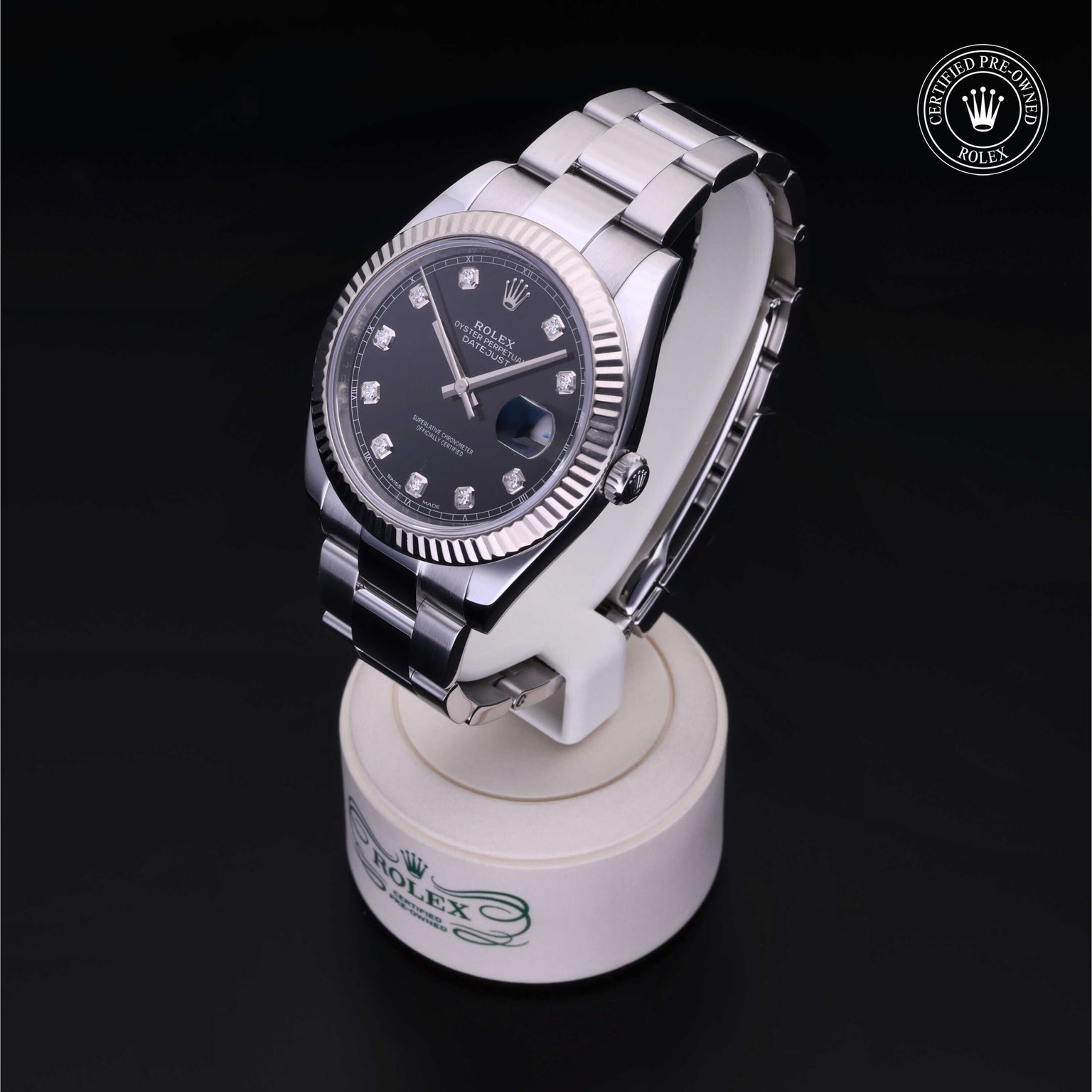 Rolex Certified Pre-owned Datejust M126334-0011 front on black background