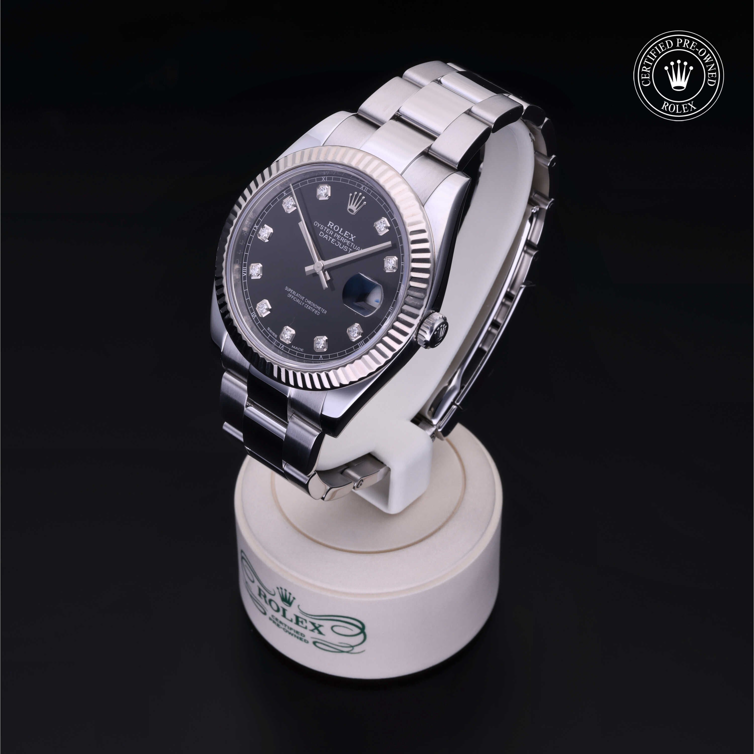 Rolex Certified Pre-owned Datejust M126334-0011 front on black background
