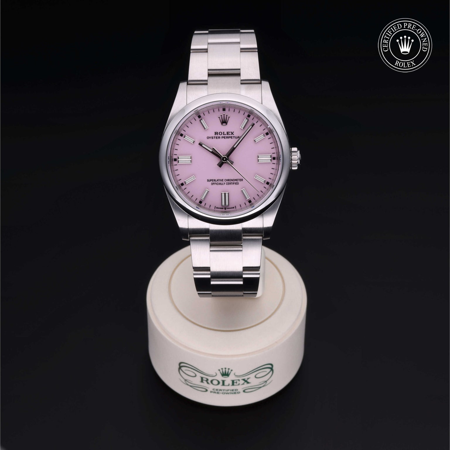 Rolex Certified Pre-owned Oyster Perpetual M126000-0008 front on black background