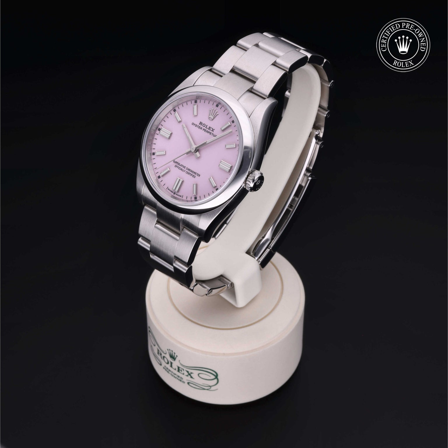 Rolex Certified Pre-owned Oyster Perpetual M126000-0008 front on black background