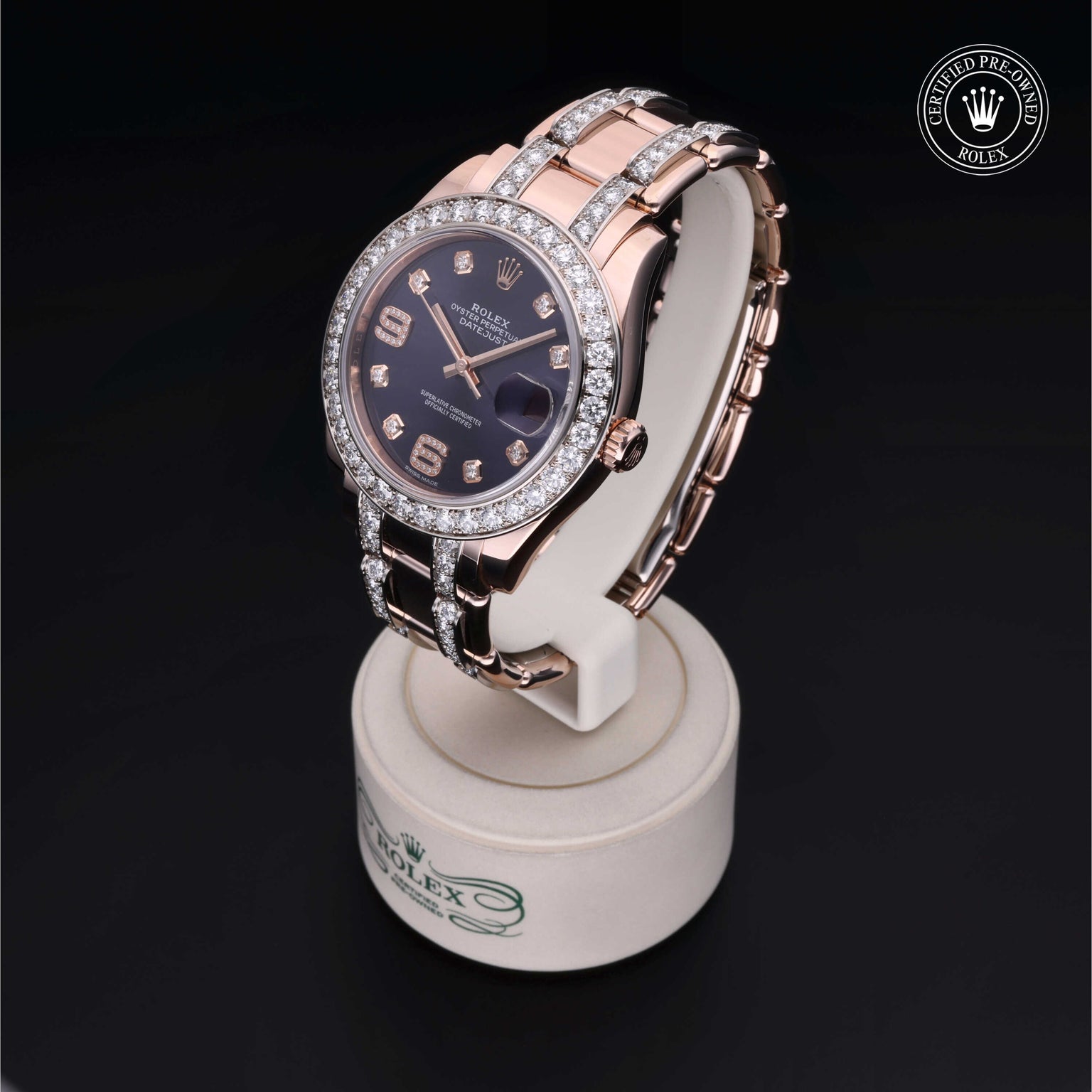 Rolex Certified Pre-owned Pearlmaster M86285-0003 front on black background