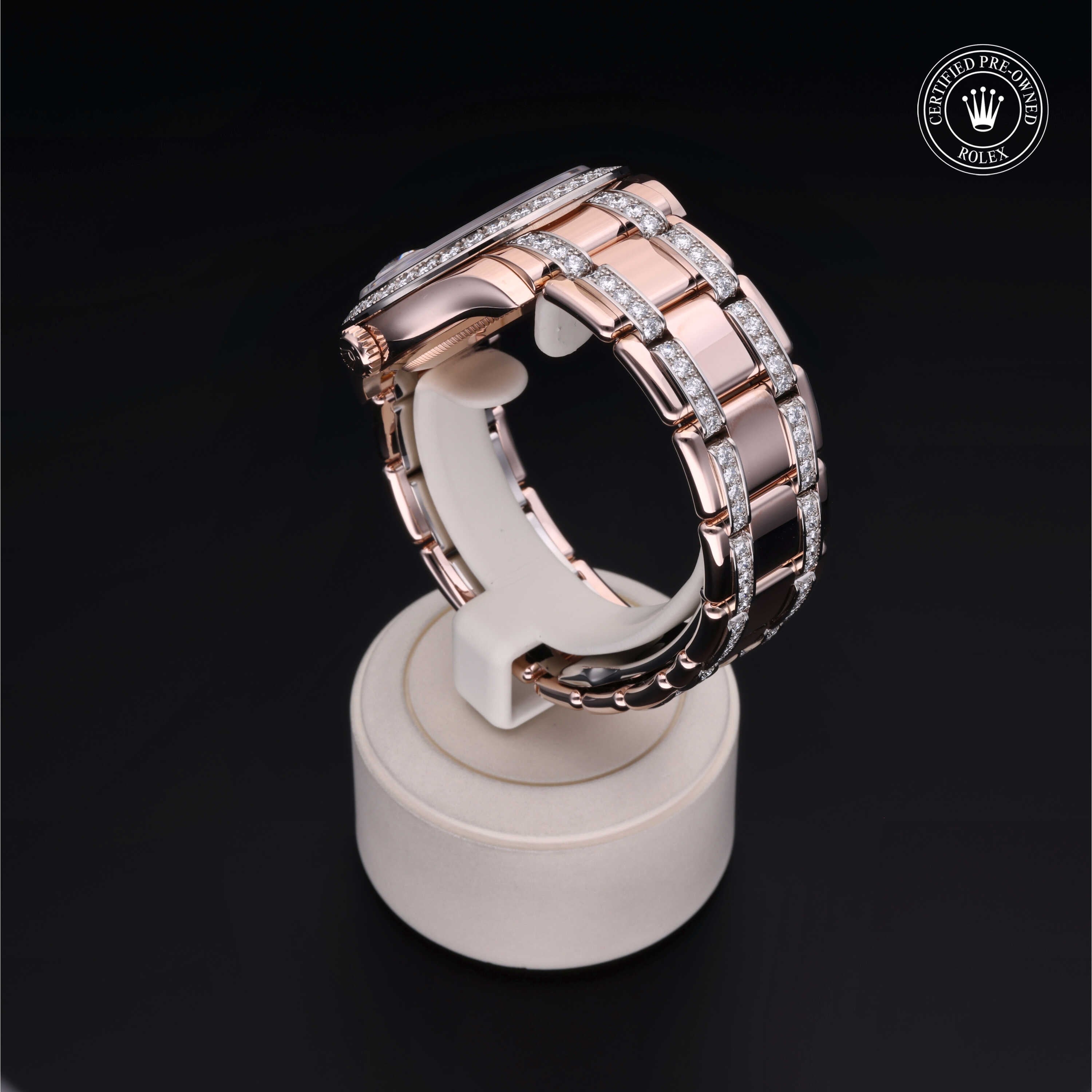 Rolex Certified Pre-owned Pearlmaster M86285-0003 front on black background