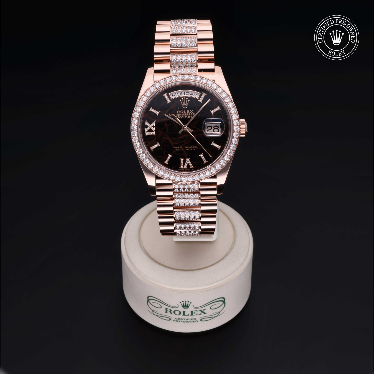Rolex Certified Pre-owned Day-date M128345RBR-0045 front on black background