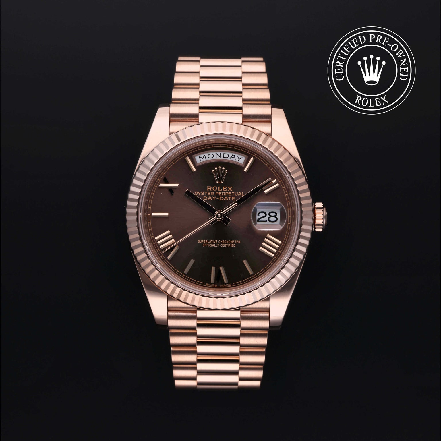 Rolex Certified Pre-owned Day-date M228235-0002 front on black background