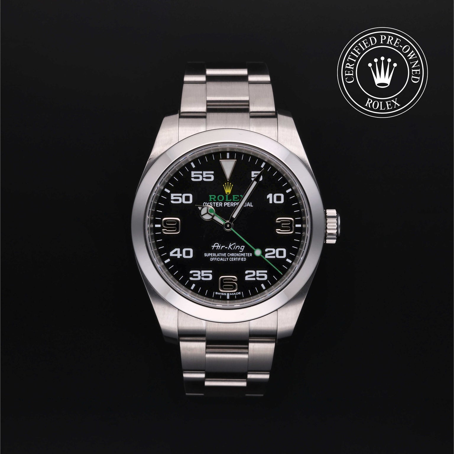 Rolex Certified Pre-owned Air-King M116900-0001 front on black background
