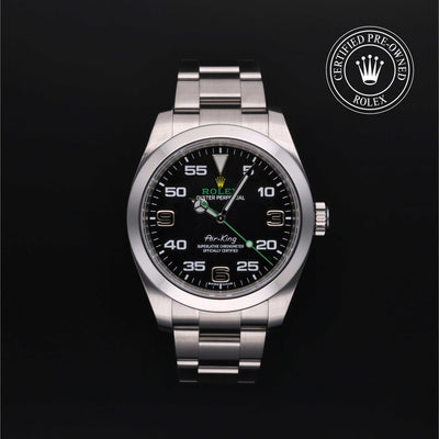 Rolex Certified Pre-owned Air-King M116900-0001 front on black background