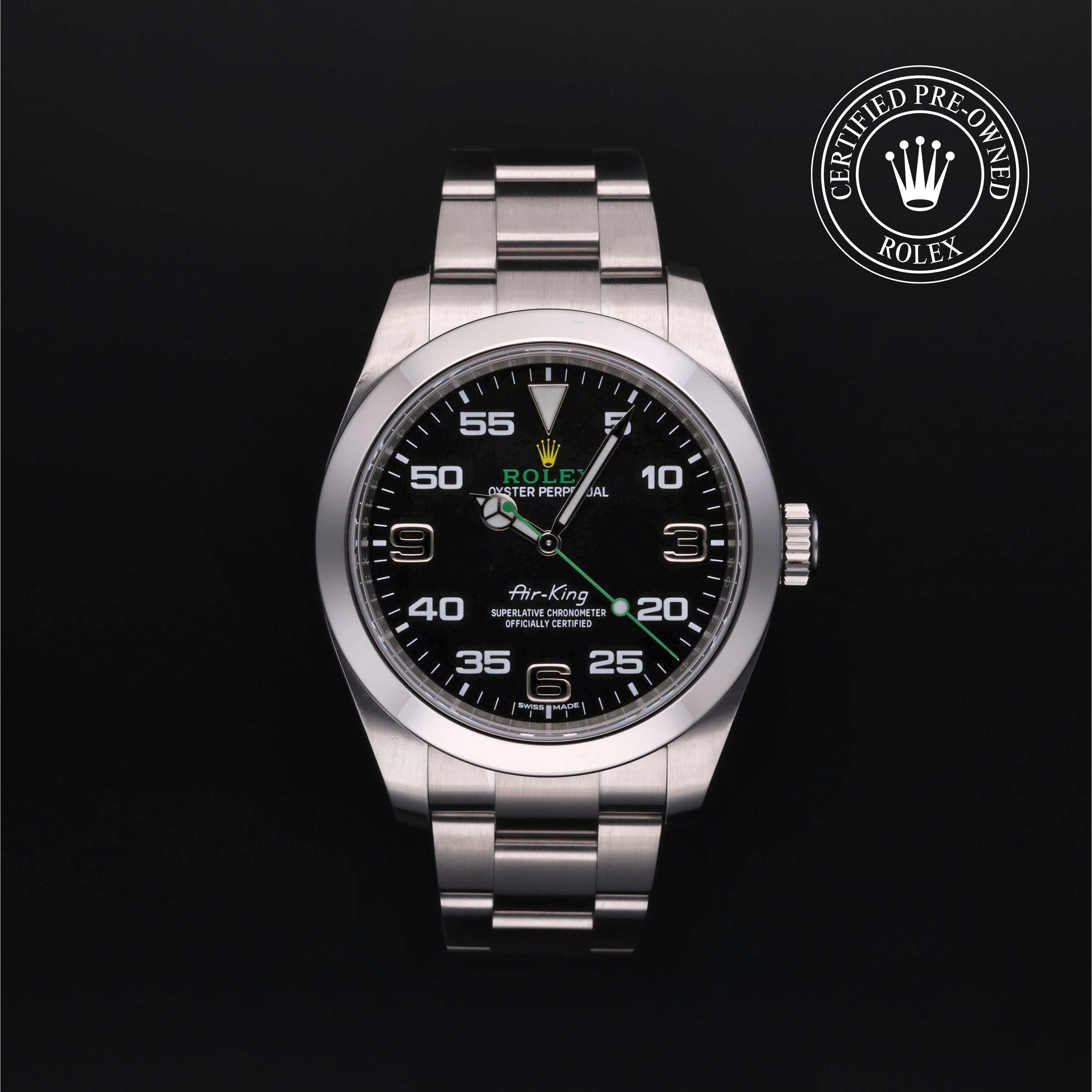 Rolex Certified Pre-owned Air-King M116900-0001 front on black background