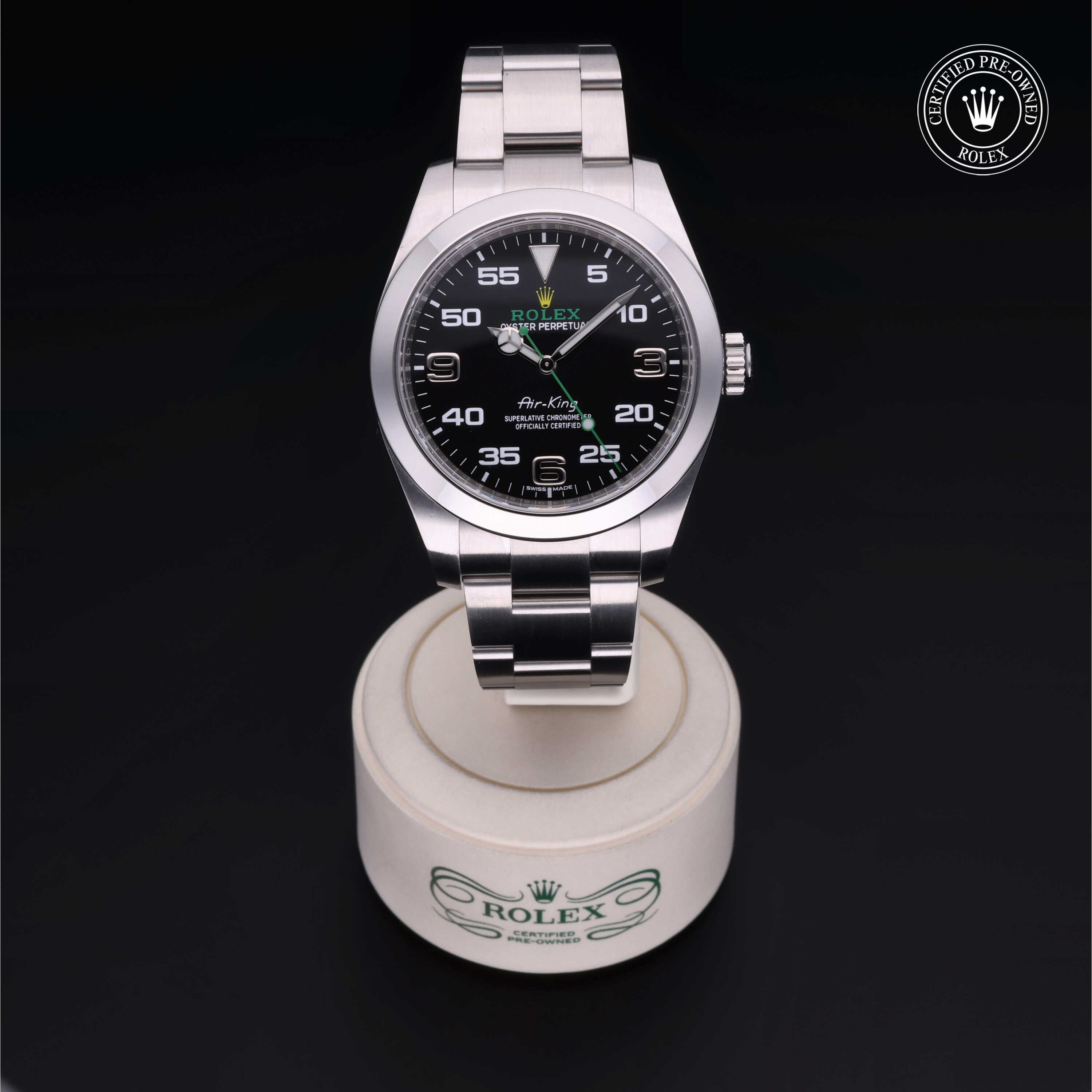 Rolex Certified Pre-owned Air-King M116900-0001 front on black background