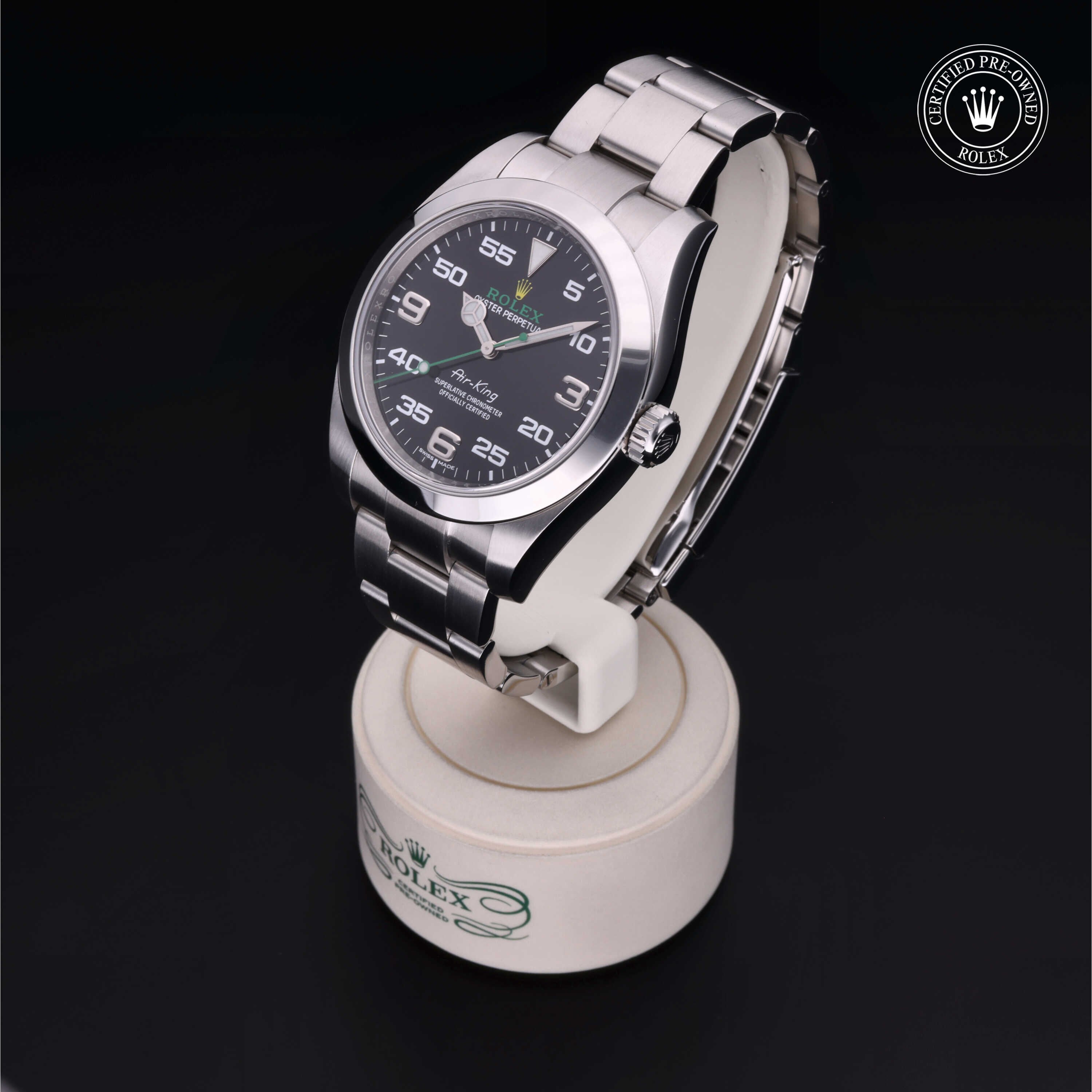 Rolex Certified Pre-owned Air-King M116900-0001 front on black background