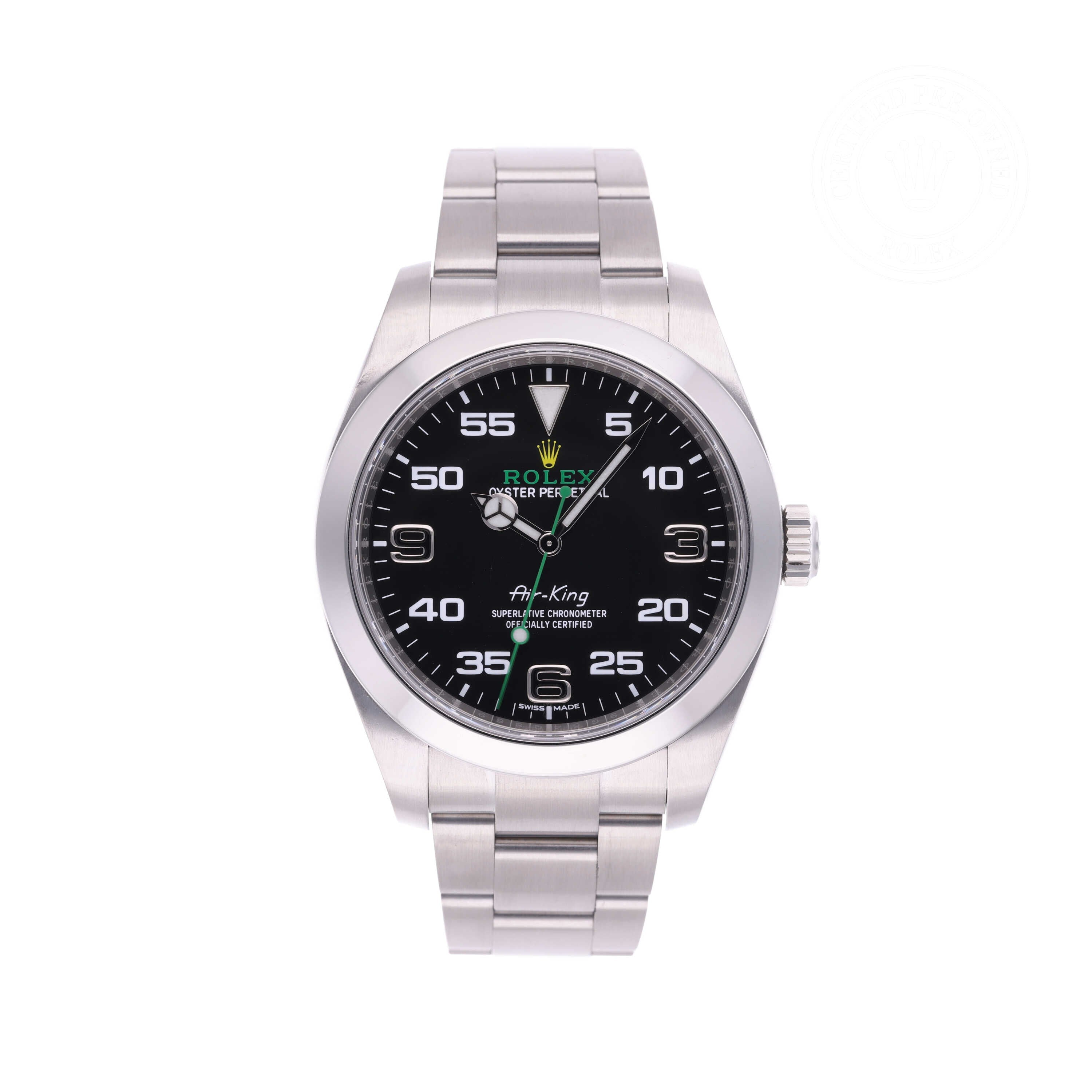Rolex Certified Pre-owned Air-King M116900-0001 front on white background