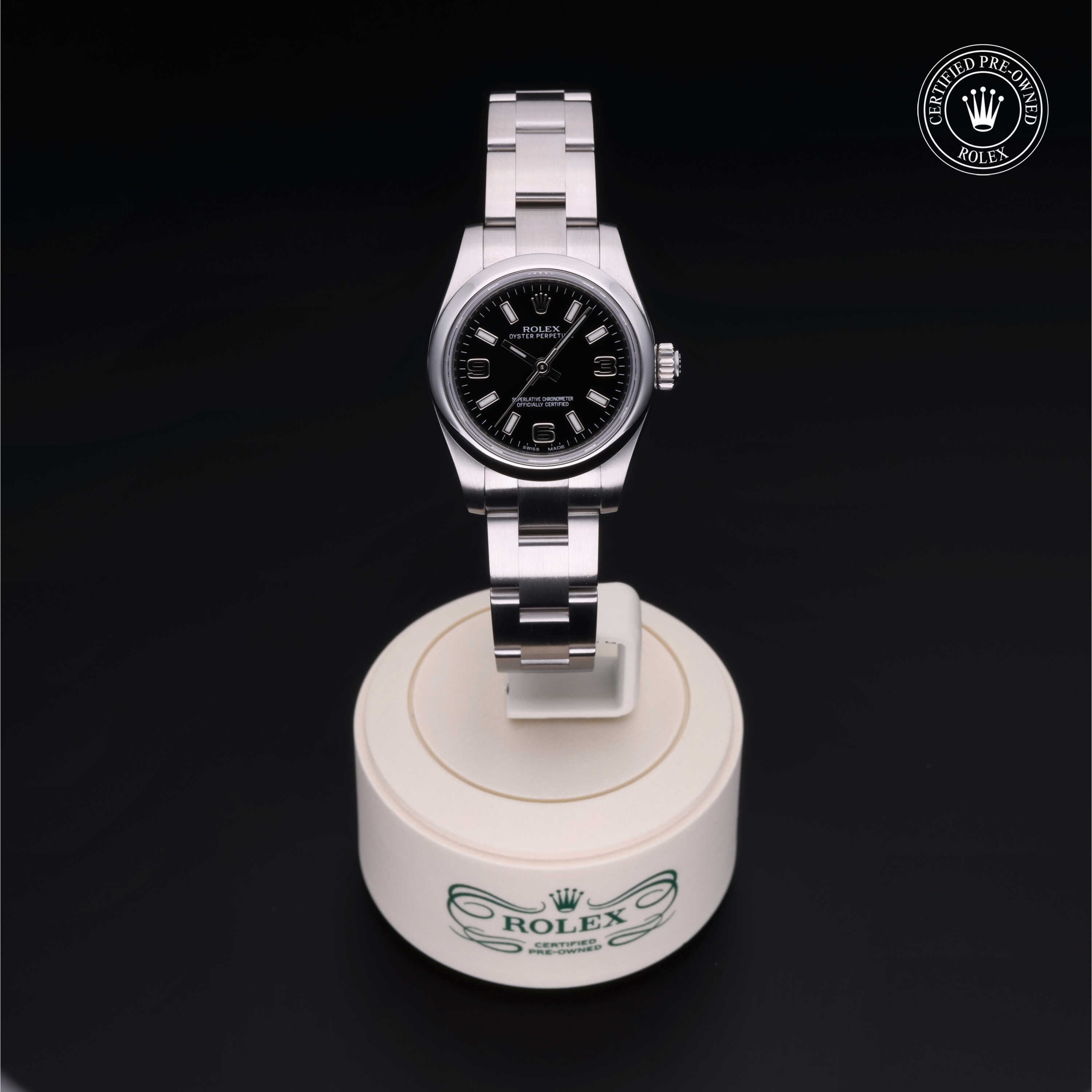 Rolex Certified Pre-owned Oyster Perpetual M176200-0002 front on black background