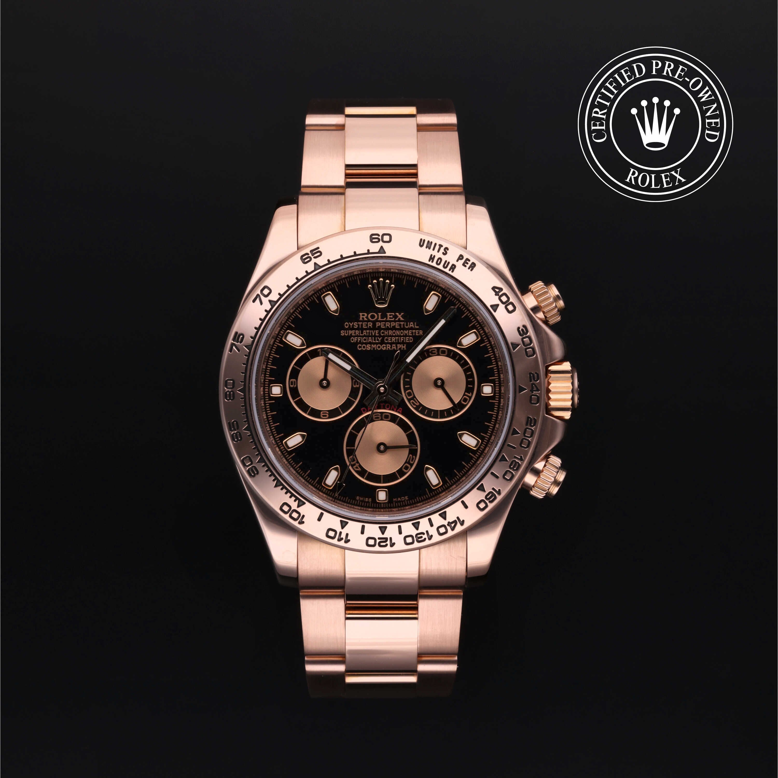 Rolex Certified Pre-owned Daytona M116505-0002 front on black background
