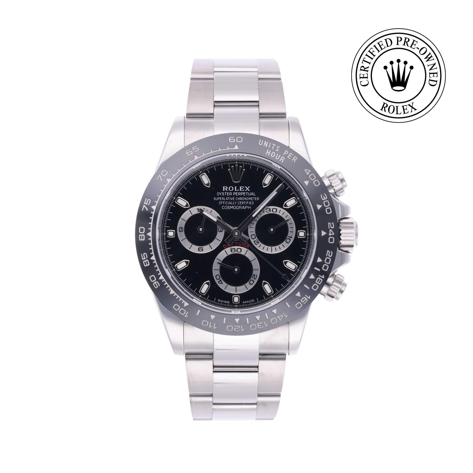 Rolex CPO Daytona M116500LN front on white background