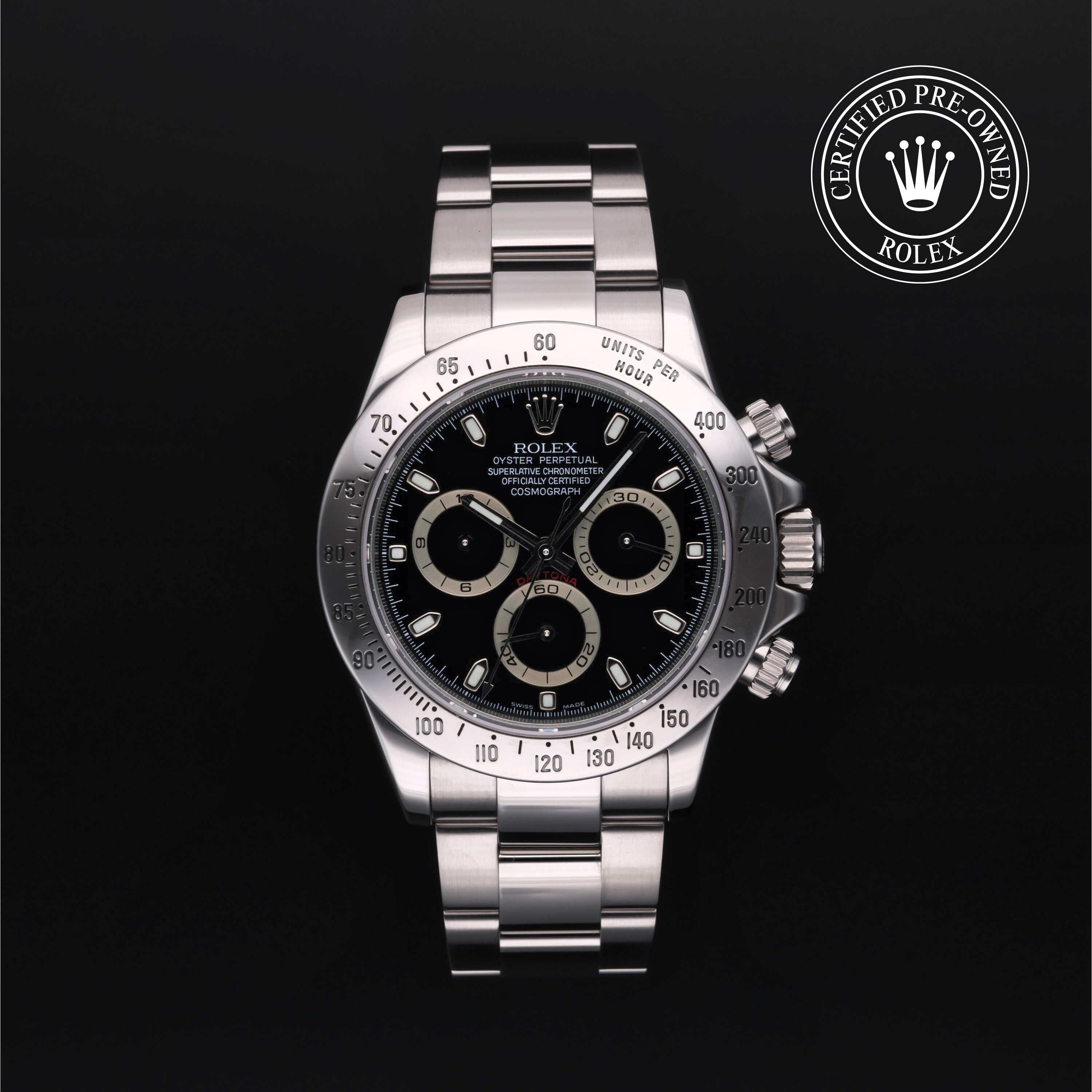 Rolex Certified Pre-owned Daytona M116520-0015 front on black background