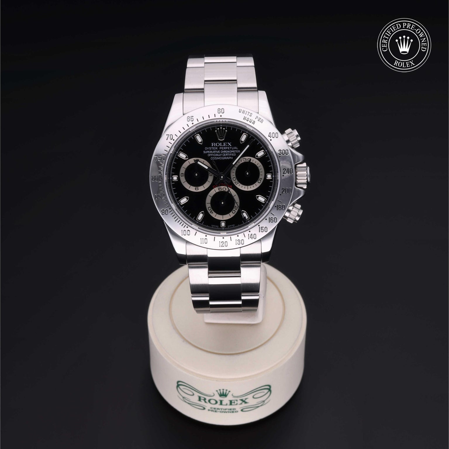 Rolex Certified Pre-owned Daytona M116520-0015 front on black background