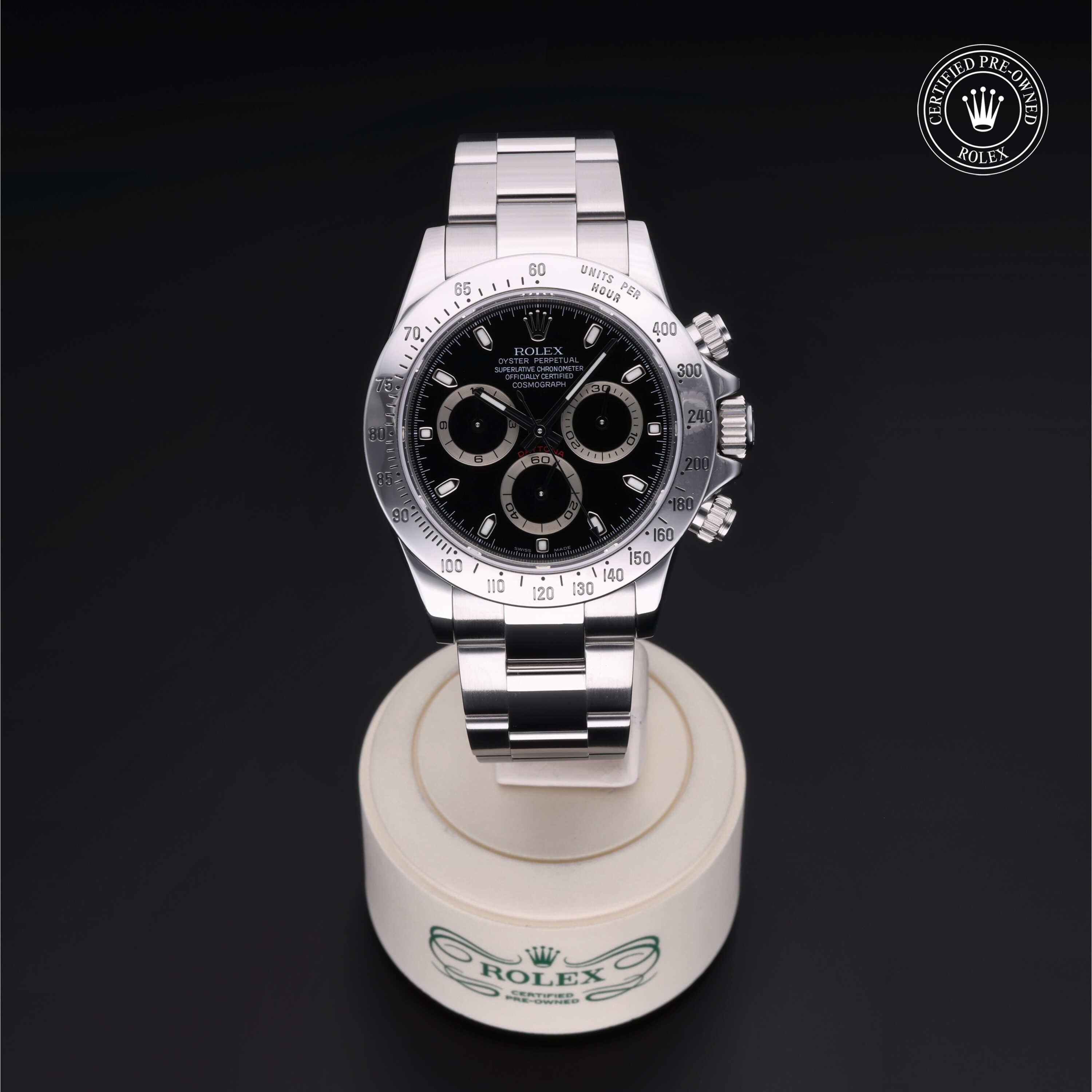 Rolex Certified Pre-owned Daytona M116520-0015 front on black background