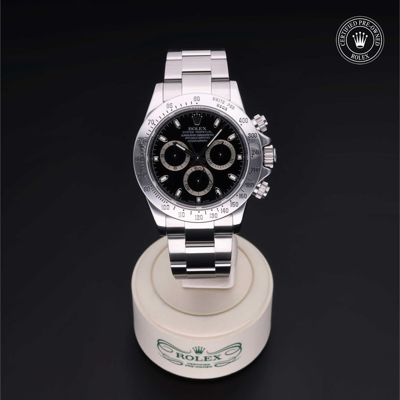 Rolex Certified Pre-owned Daytona M116520-0015 front on black background